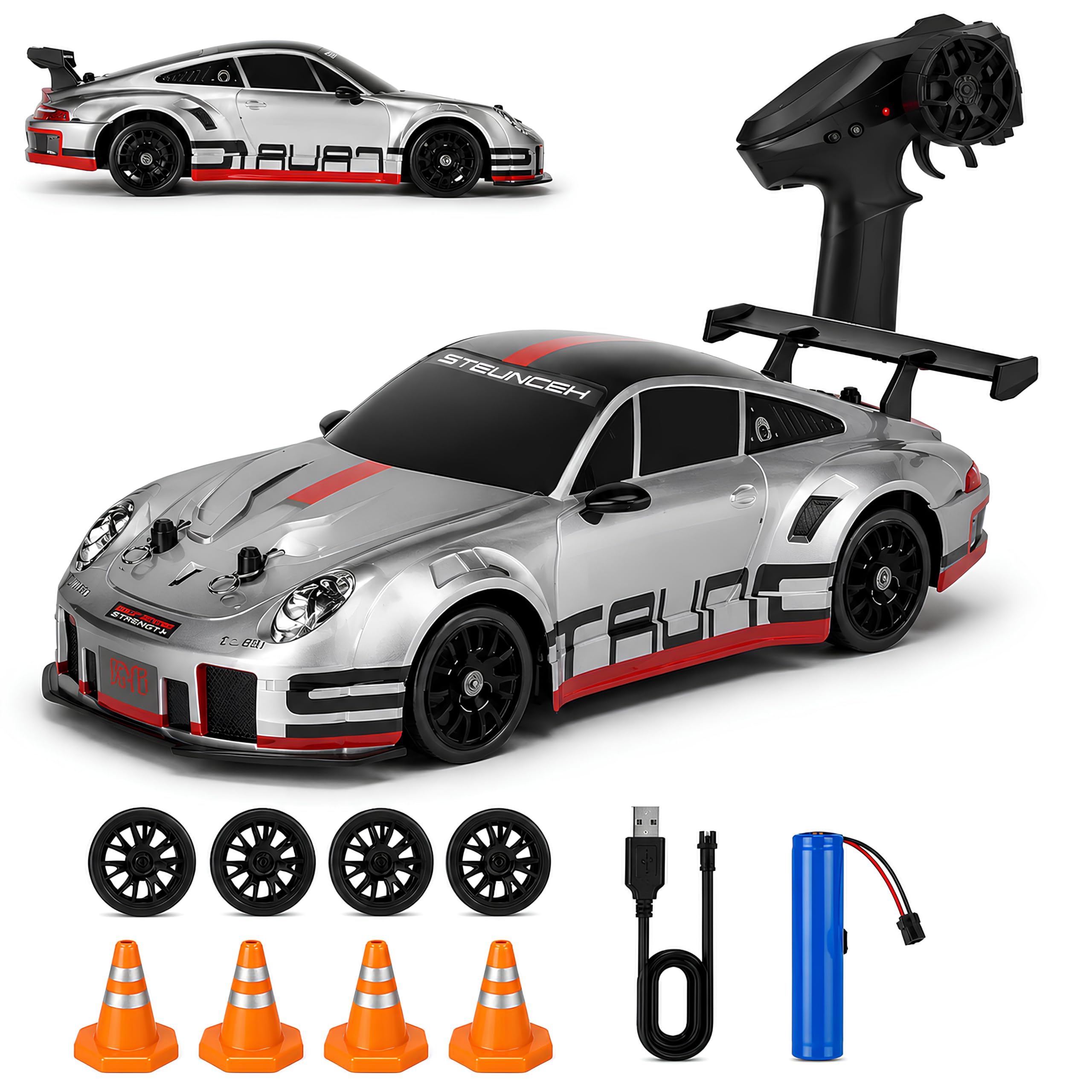 Cable World® RC Drift Car for Kids, 2.4GHz Remote Control Car, 4WD Dual Motor, Unbreakable PVC Body, High Speed, 80+ Feet Range, LED Lights, Rechargeable Battery, Extra Drift & Racing Tyres - Grey