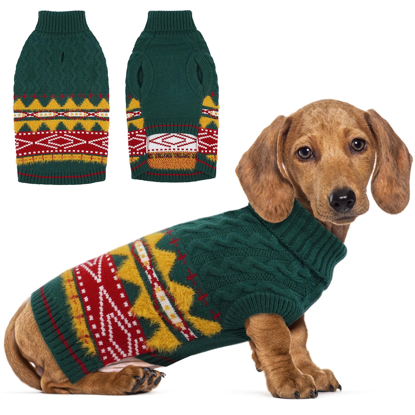 Hjumarayan Fair Isle Dog Jumper - Winter Knit Sweater with Harness Hole Stretchy Easy On/Off Christmas Jumper for Small Medium Dogs(2–54LB), Warm Shih Tzu Clothes Green M