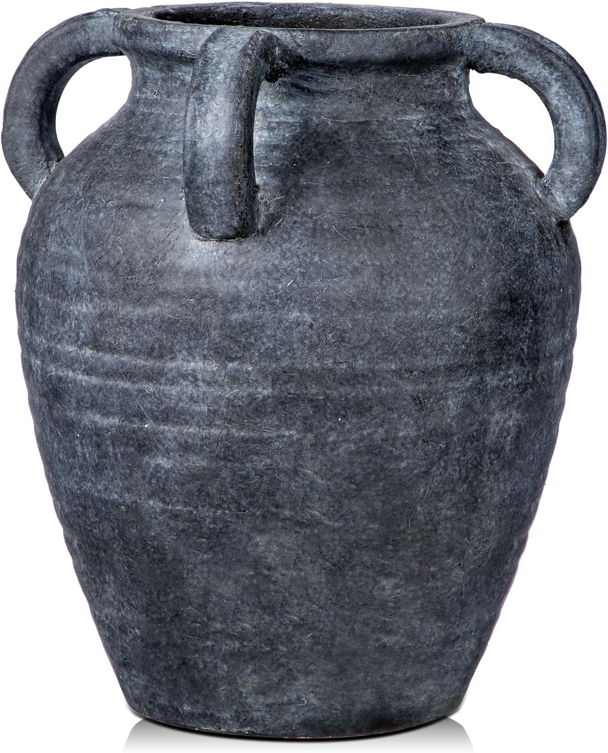 handmade flower vase, 9.8" tall terracotta vase, vintage ceramic vase, rustic antique decor with 4 handles, wide mouth, matte finish for home office resto café décor lightslategray with handles