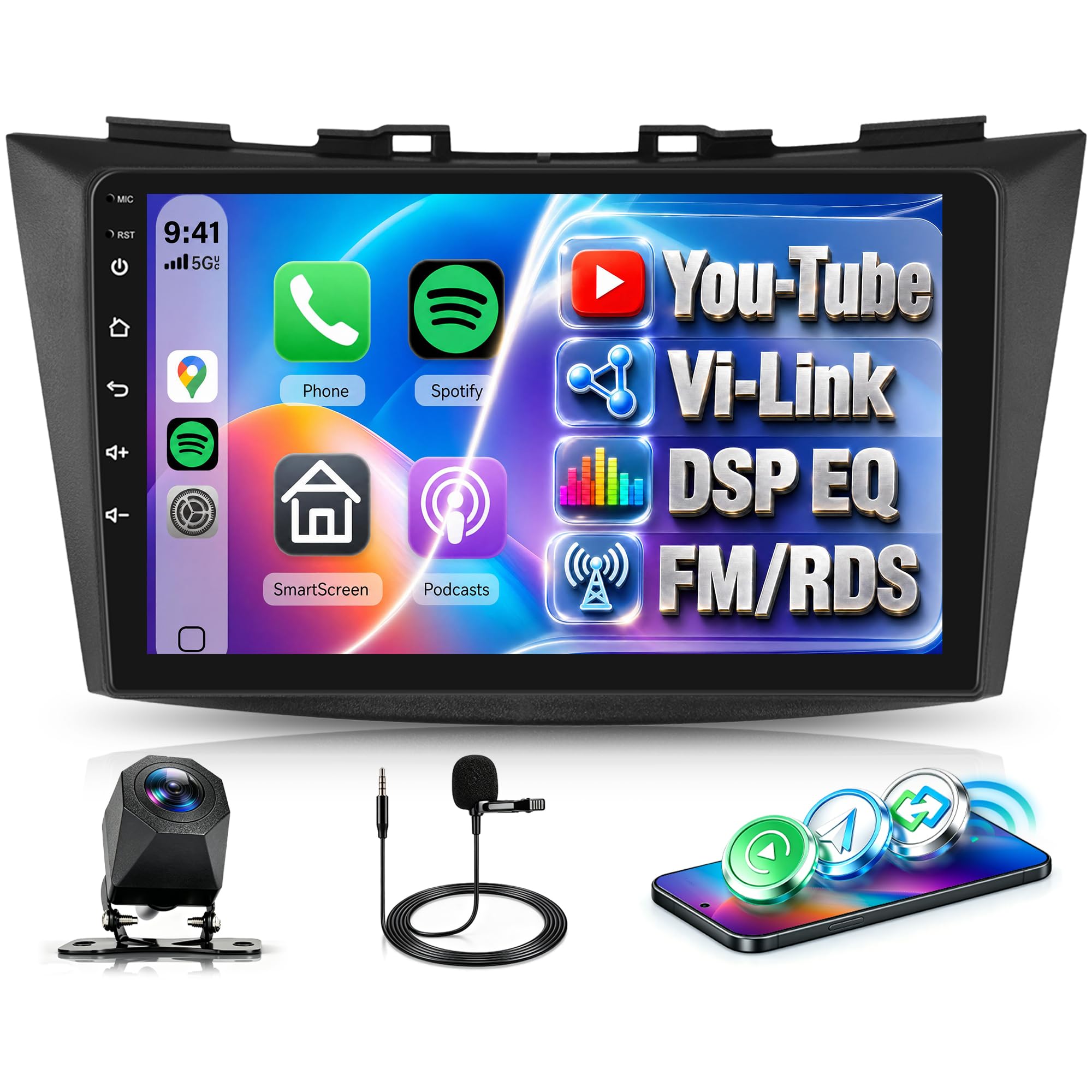 Rimoody Autoradio pour Suzuki Swift 2011-2017 Suzuki Ertiga 2012-2017 sans Fil Carplay Android Auto You-Tube DSP EQ VI-Link Bluetooth FM/RDS, 9 Pouces Écran Tactile, Mirror Link, SWC, Caméra de Recul