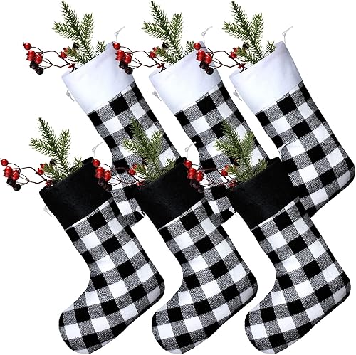 Skylety 6 medias de Navidad a cuadros con puño de felpa, medias clásicas para colgar en la chimenea, para la familia, casa de campo, decoración de