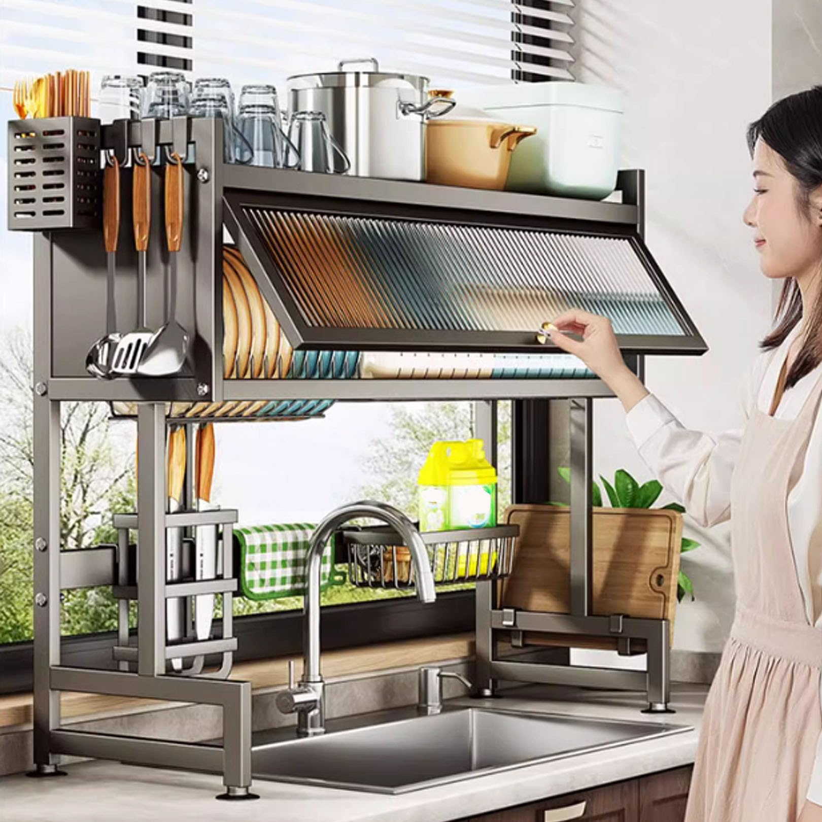 Escurridor de platos de cocina, 3 niveles de acero al carbono para fregadero con soporte para utensilios para encimera de cocina, puerta visible, diseño que ahorra espacio, fácil montaje