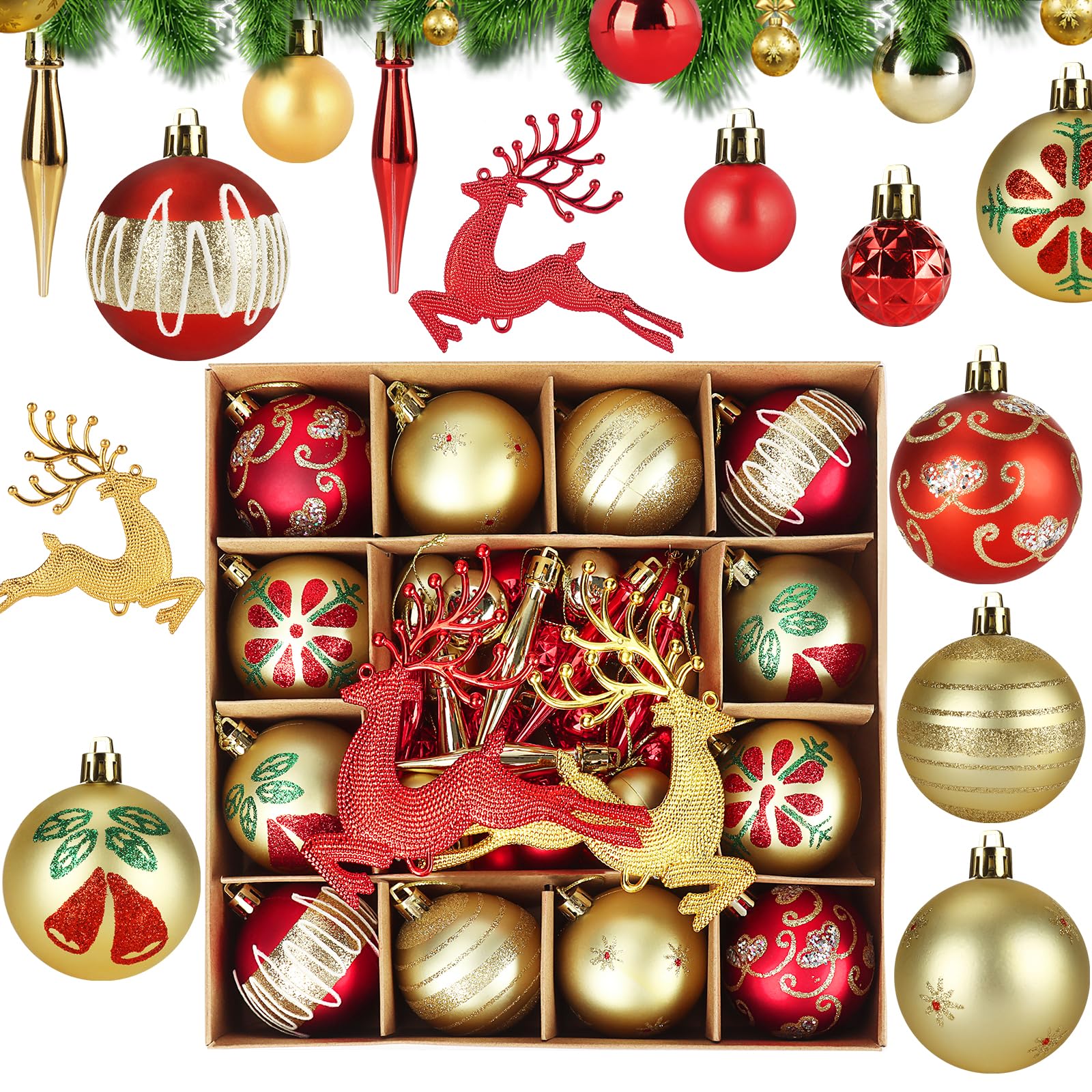 UCAMP Juego de 40 Bolas de Navidad para árbol,DecoracióN para Colgar en Fiestas de Temporada,Doradas y Rojas Adornos Arbol Navidad,Decoración del Hogar y Decoración de Jardines al Aire Libre