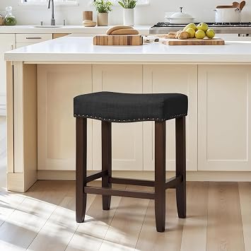 CHUN YI Counter Height Bar Stools, 29 Inch Backless Saddle Stools with Nailhead Trim, Upholstered Barstools for Kitchen Island with Wooden Legs, Black, 1 Pack
