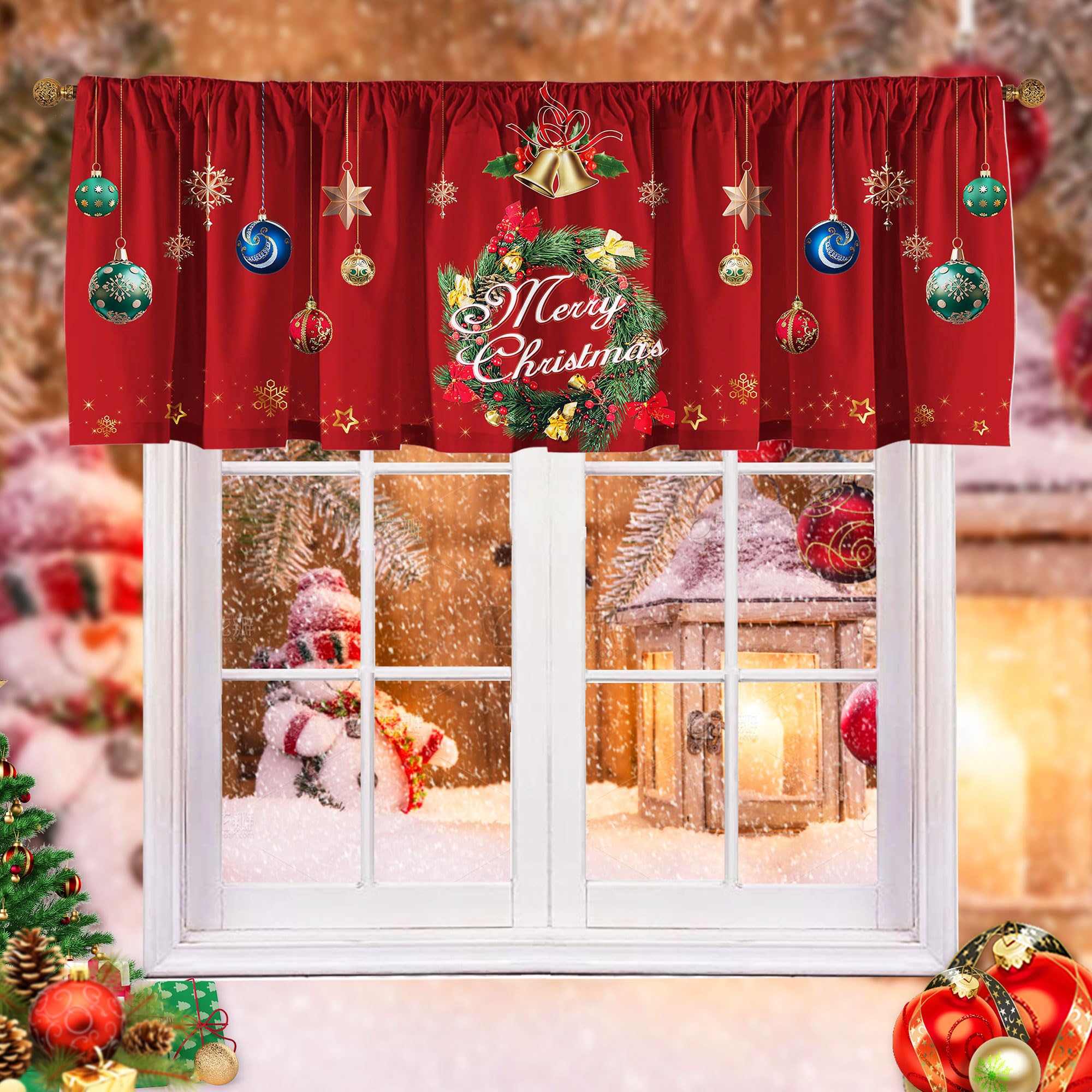 SUNWISHA Christmas Wreath Curtains Valance for Kitchen Window Decor 52 x 18 Inch Red