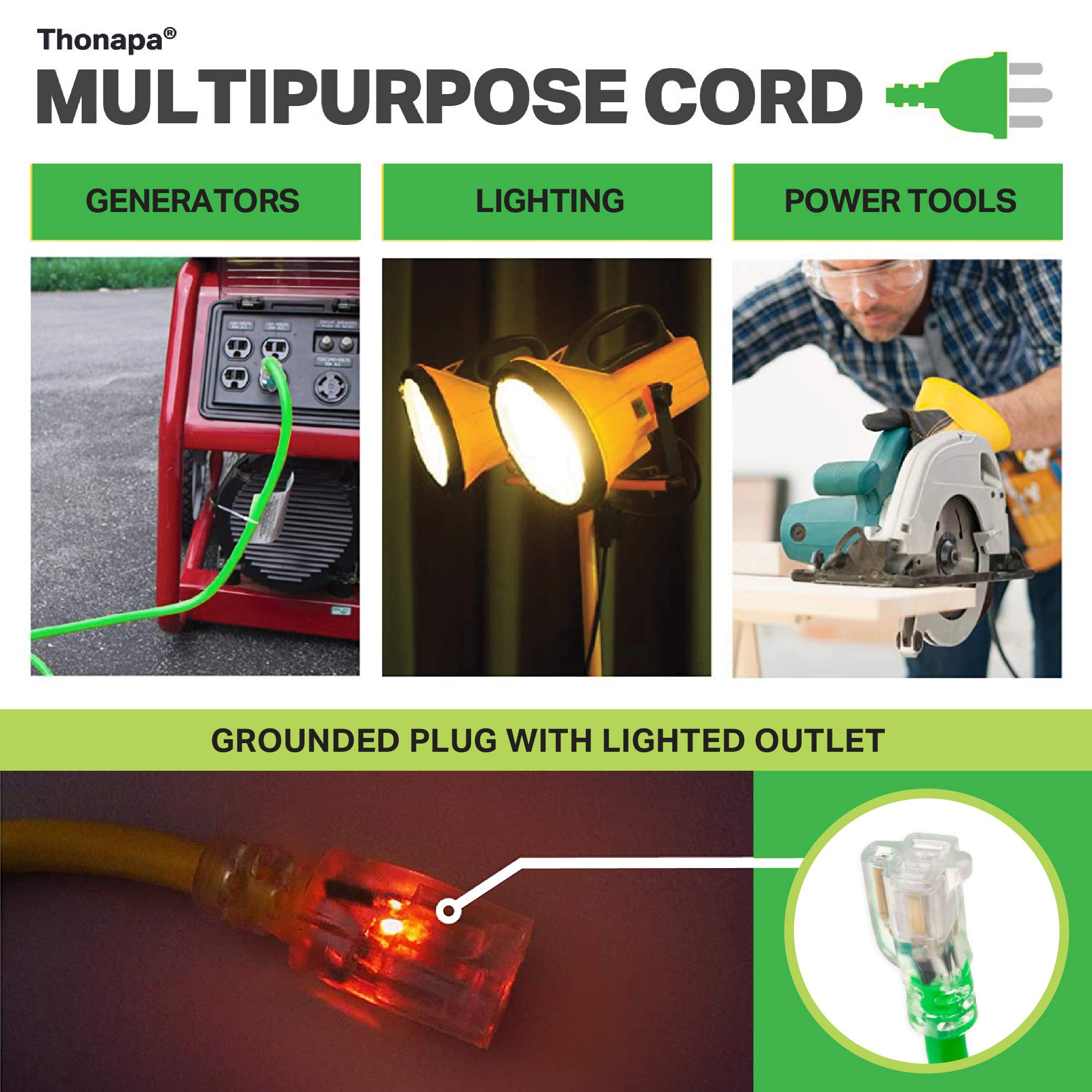 Thonapa 50 Foot Heavy Duty Outdoor Extension Cord - 10/3 SJTW Neon Green 10 Gauge Cable with 3 Prong Grounded Plug - Great for Garden and Major Appliances