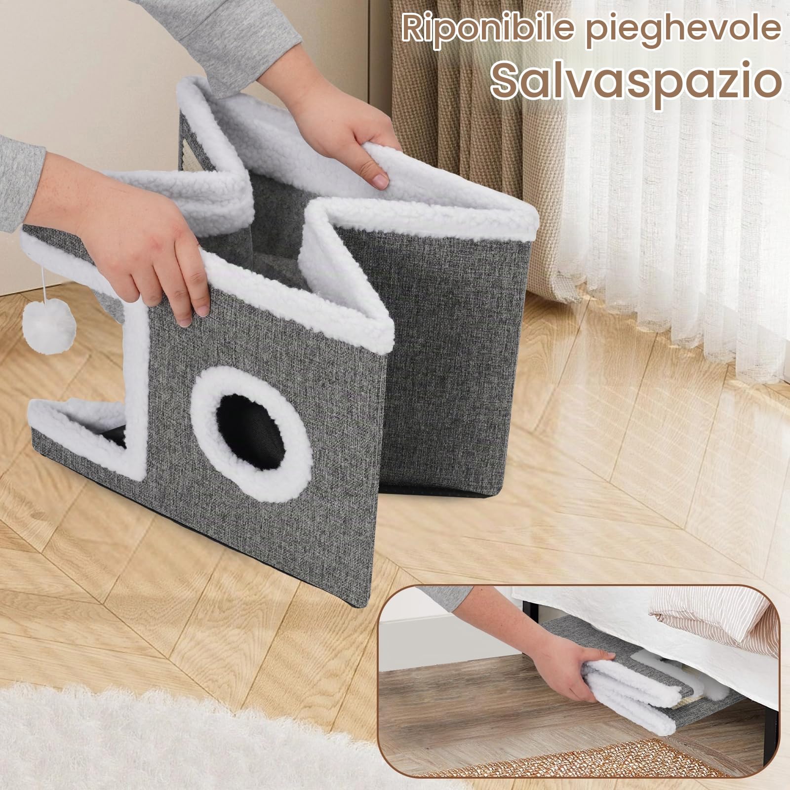Casetta Pieghevole per Gatto,40 x 40 x 31 cm Con Palla di Peluche,Tiragraffi e Buco per Gatti,Adatto per Animali Domestici di Piccola e Media Taglia,Cuscino Double-face per Tutte le Stagioni