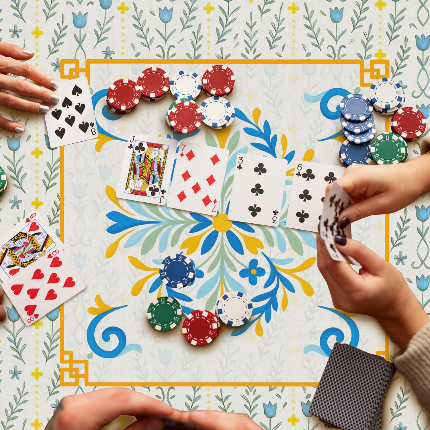 Blue and Yellow Chinoiserie Floral Mahjong Mat 31.5 x 31.5 in, Abstract Art Chinese Non-Slip Noise Reduction Gaming Mat for Table American Mahjong Poker Board Games Card Games Dominoes