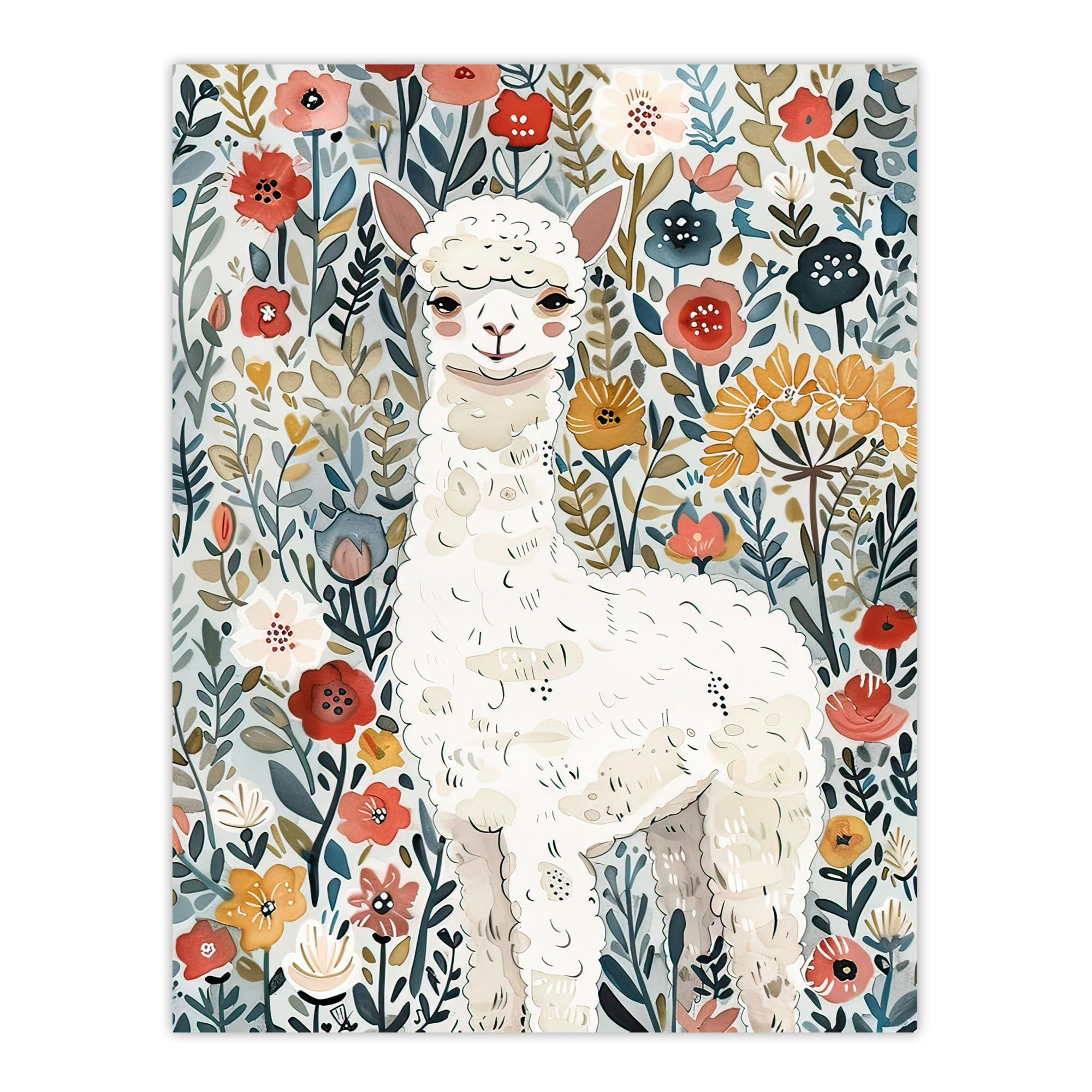 Artery8 Happy Alpaca in Wildflower Field Watercolour Living Room Extra Large XL Wall Art Poster Print