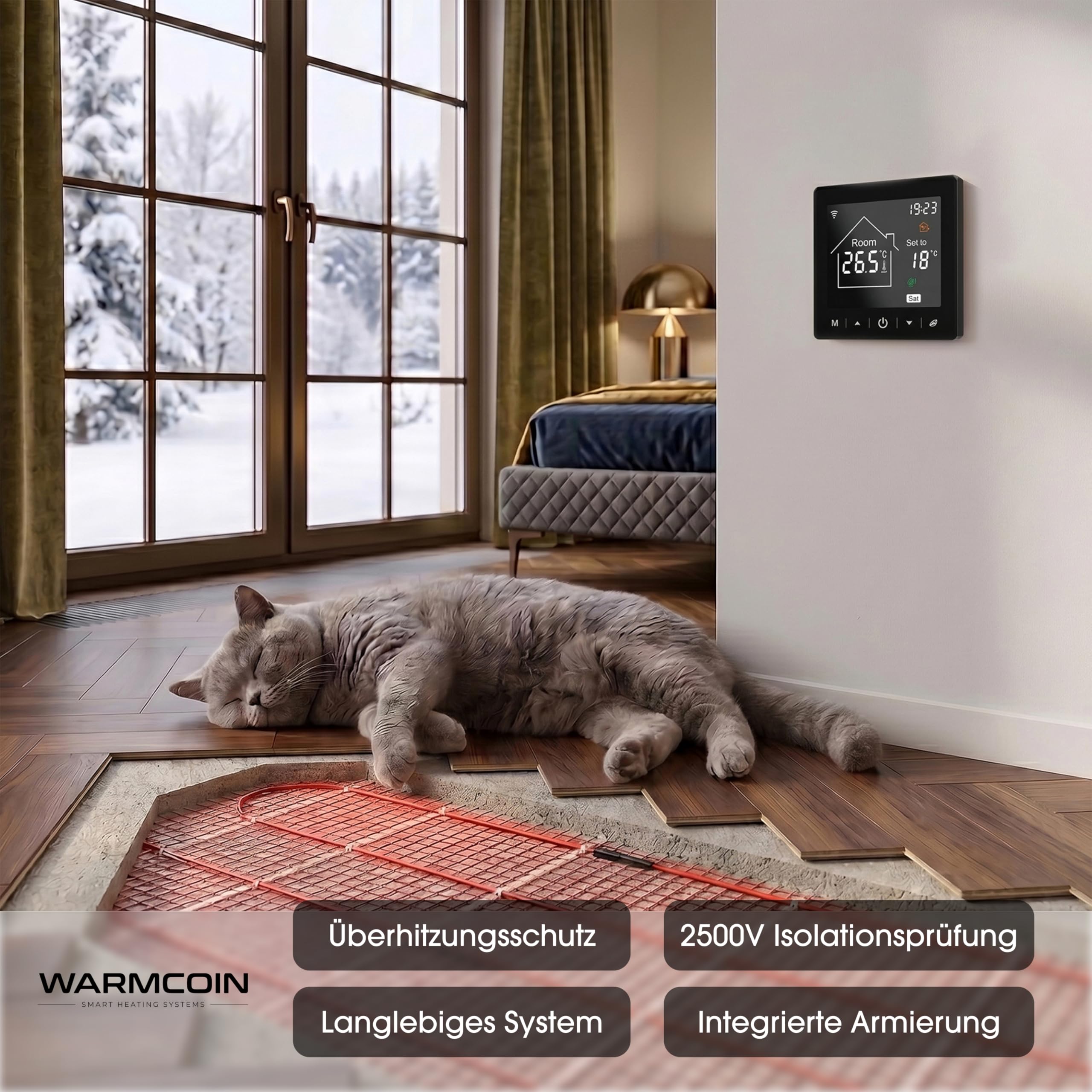 Kit Riscaldamento a Pavimento Elettrico 160W/m² – 5,0 m² – Per Piastrelle, Laminato e Vinile – Con Termostato WiFi W100 Nero Touch Screen Smart