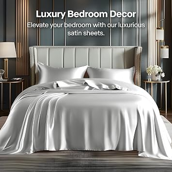 BEDELITE King Size Sheets Set, Luxury Soft Grey Satin Sheets for Hair and Skin, Similar to Silk Bed Sheets Set 4 Pieces with 1 Deep Pocket Fitted Sheet, 1 Flat Sheet, and 2 Pillowcases