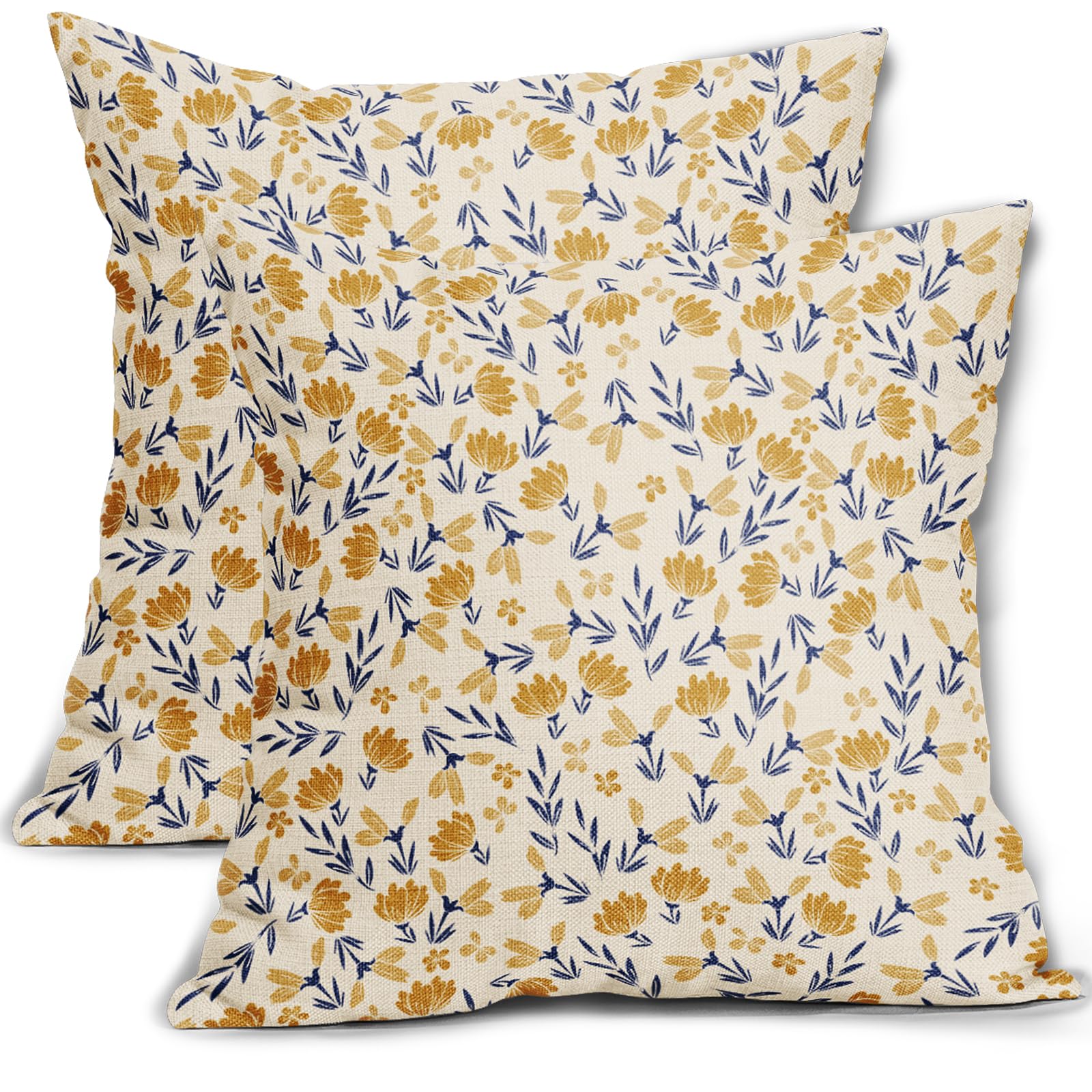 Aytipun Navy Blue Yellow Floral Pillow Covers 20x20 Set of 2 Vintage Rustic Old Style Cute Small Flower Print Decorative Outdoor Pillowcases Farmhouse Throw Cushion Case Decor for Couch Sofa Bed