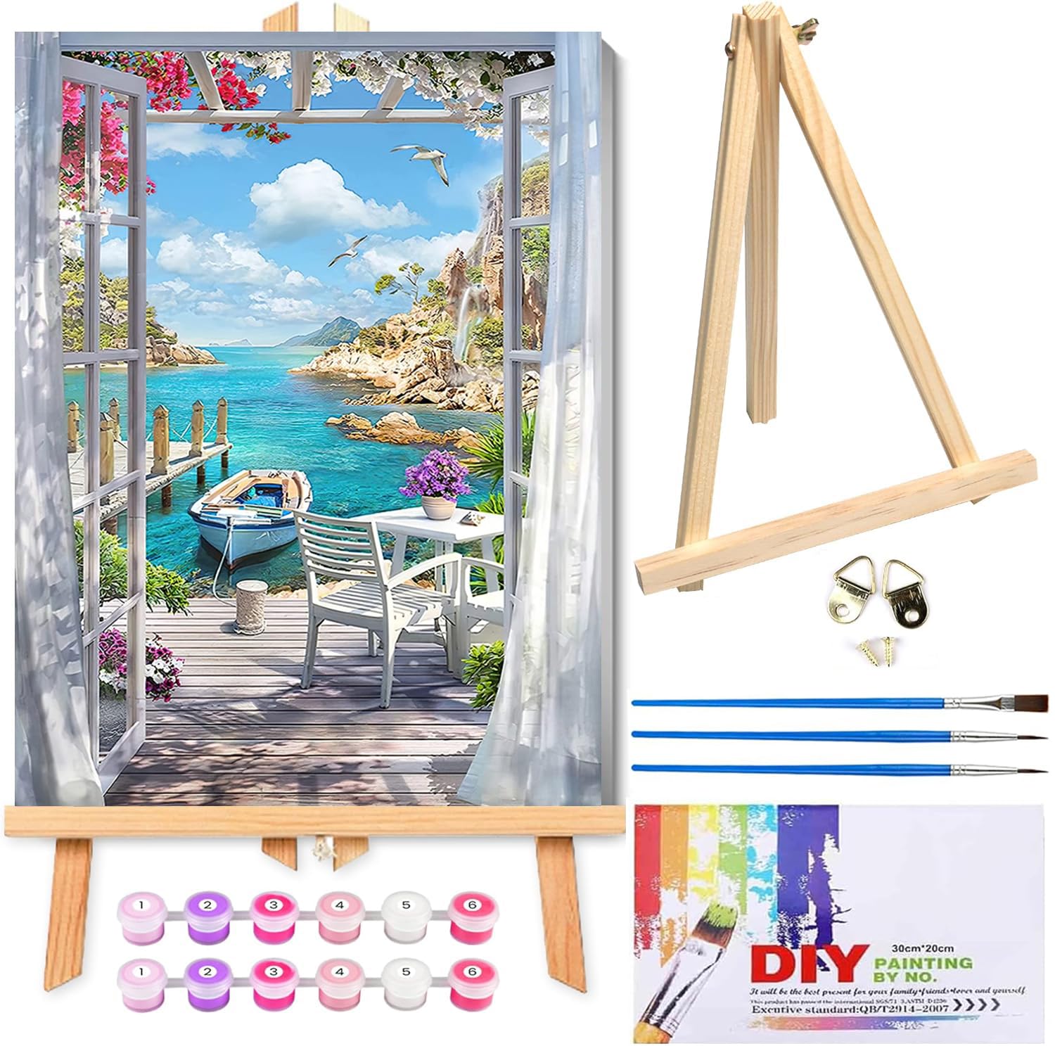 Jakener Paint by Numbers for Adults with Frame,Painting by Numbers for Adults with Wooden Easel,Sea View DIY Box Pack Paint by Numbers Kits for Home Wall Decor 12x16inch