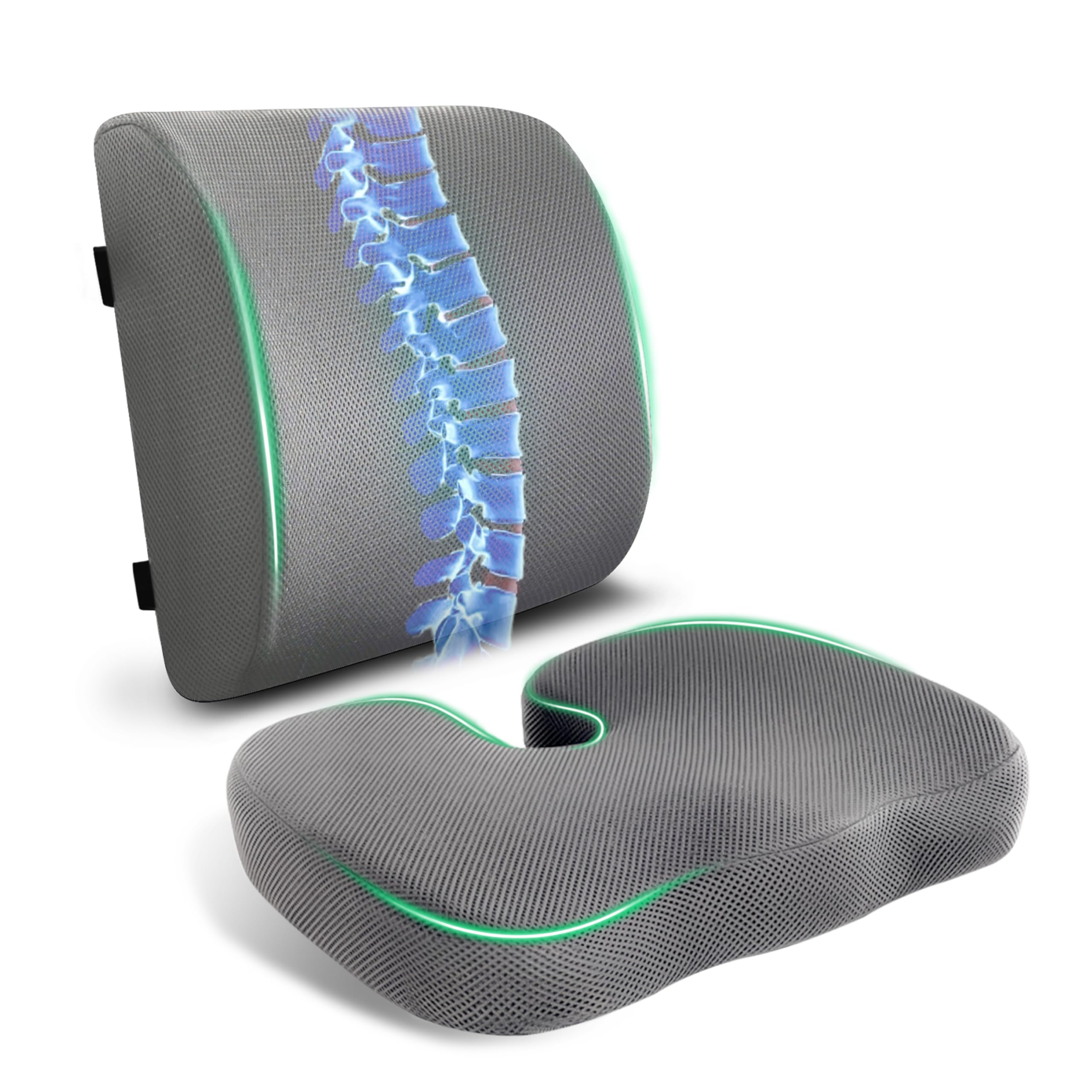 FuturaLoom Seat Cushion Adjustable Lumbar Support Pillow Set Charcoal Memory Foam Back Tailbone Pain Relief Non-Slip Washable Cover