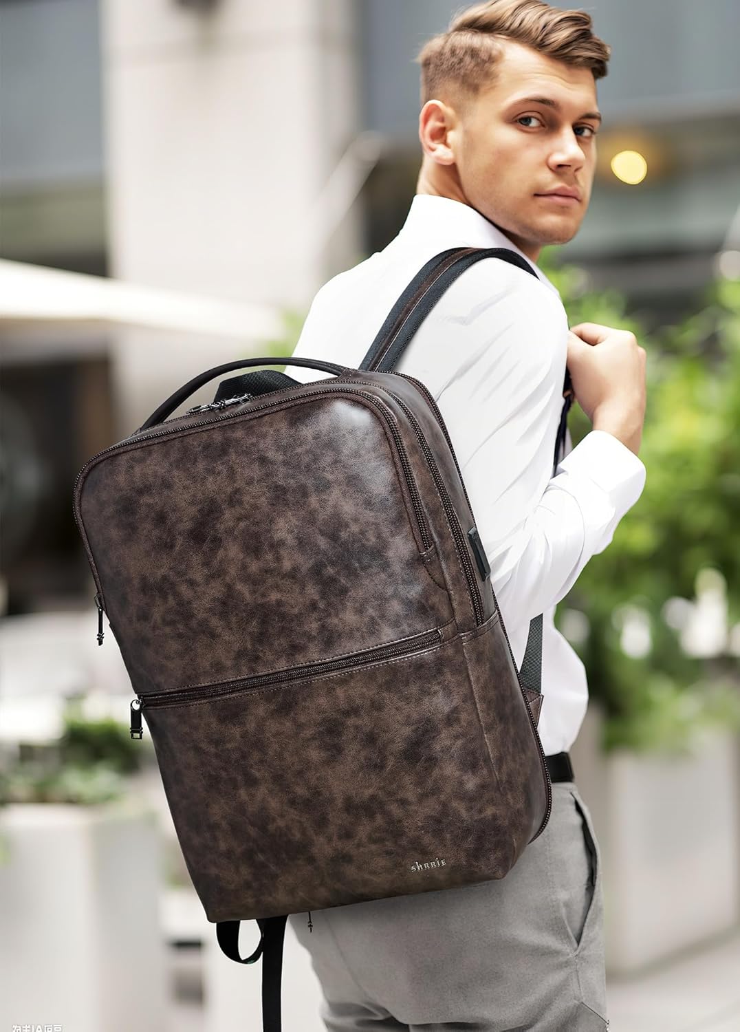 Shrrie Vegan Leather Laptop Backpack for Women&Men,16 Inch Expandable Backpack with USB Charging Port,Two-toned Coffee - Image 2