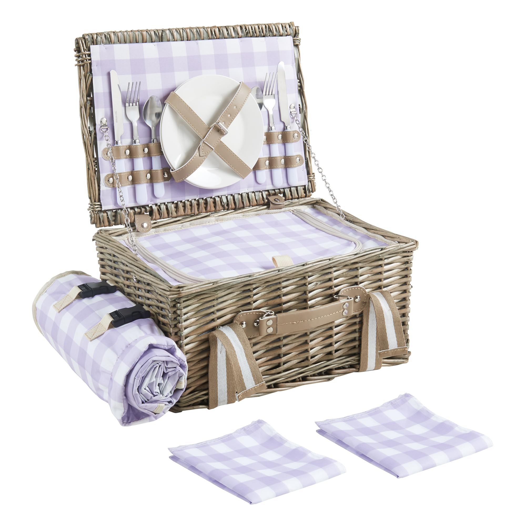 casa.pro Cestino Picnic per 2 Persone con Accessori Completi Valigetta Picnic in Vimini con Posate Piatti Bicchieri Coperta e Borsa Termica Design a Scacchi Bianco e Viola