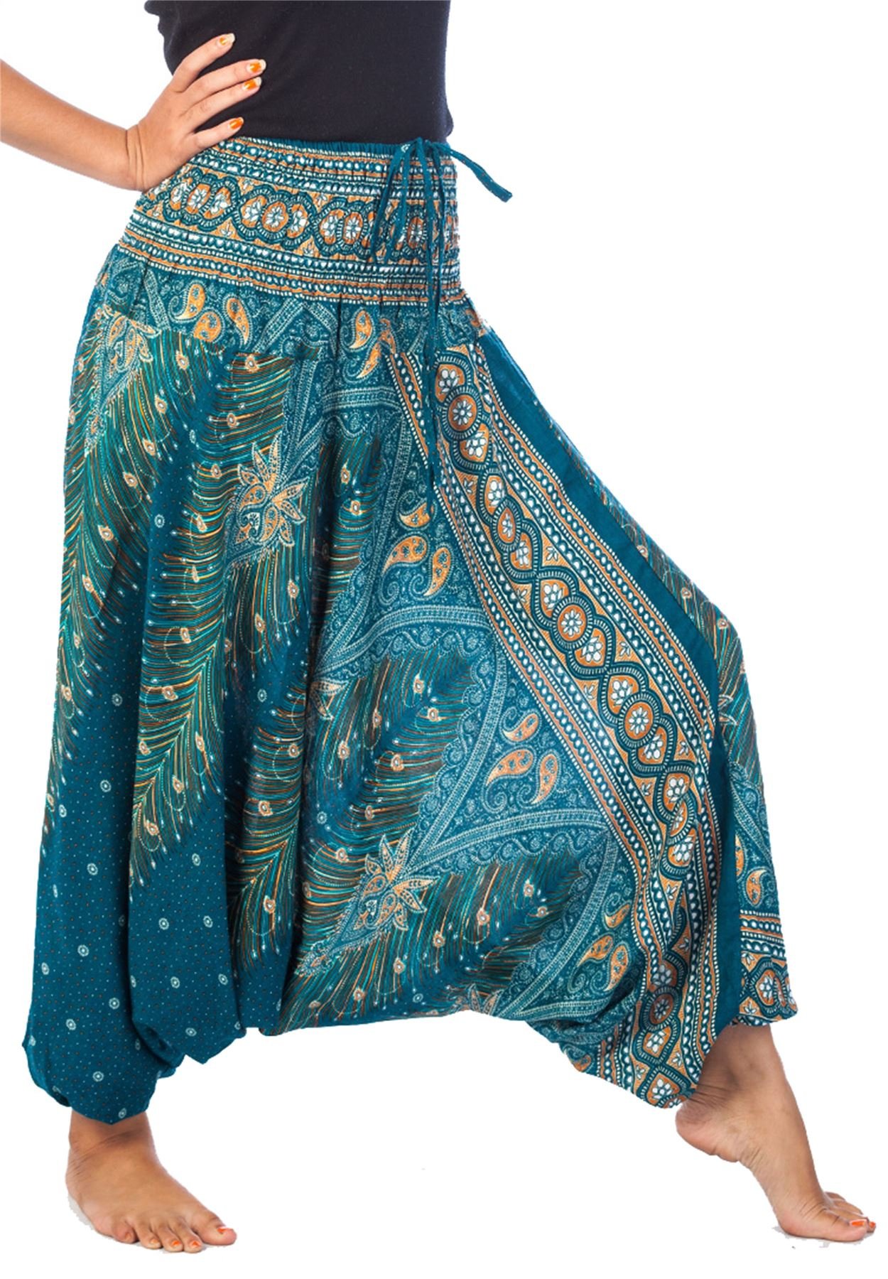 Lofbaz Women's Peacock 2 in 1 Harem Trousers Jumpsuit Teal Green L