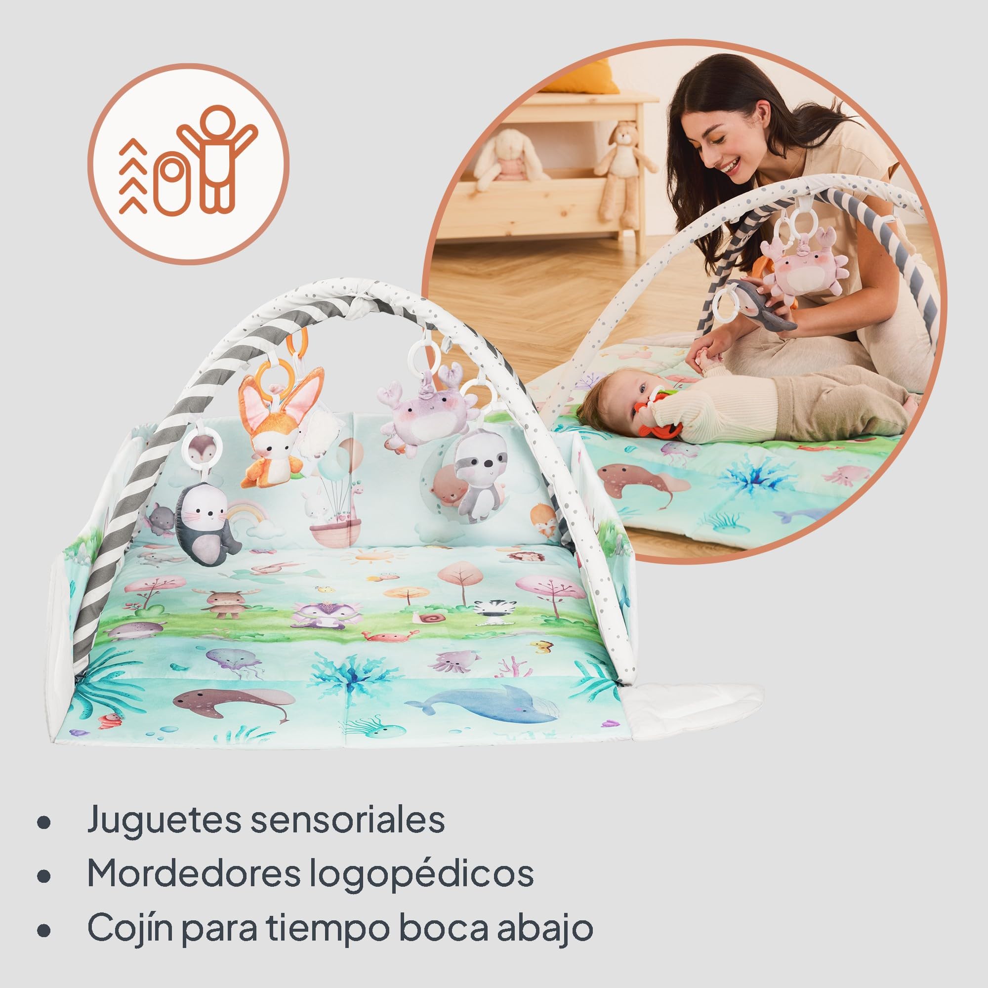 lionelo Anika Natural Alfombra Bebe Juegos de bambú con 8 Juguetes Bebes Desmontables, Gimnasio Actividades Bebe con Arco, Desde recién Nacido | Hipoalergénico | 8 Juguetes Desmontables con Espejo Sonajero y Cojín Tummy Time | Arcos Plegables Espacio Segu