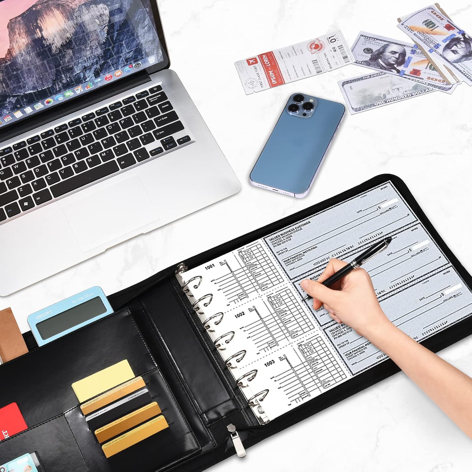 Business Check 7 Ring Checkbook Binder, PU Leather Portfolio, Built in Storage Organizer [Black]