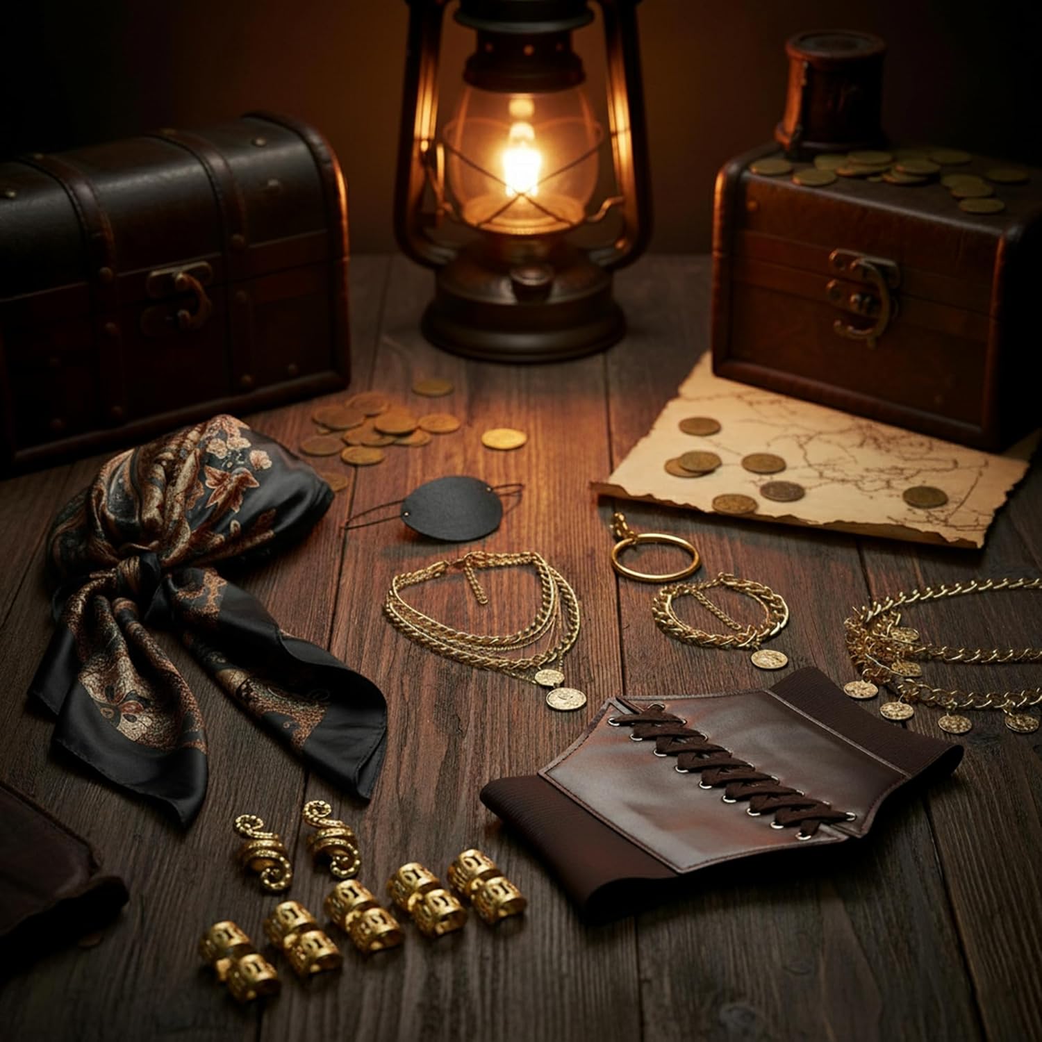 10 Pcs Pirate Costume Accessories for Women with Head Scarf Wrap Pirate Corset Eye Patch Necklace Sash Chain Belt - Image 3