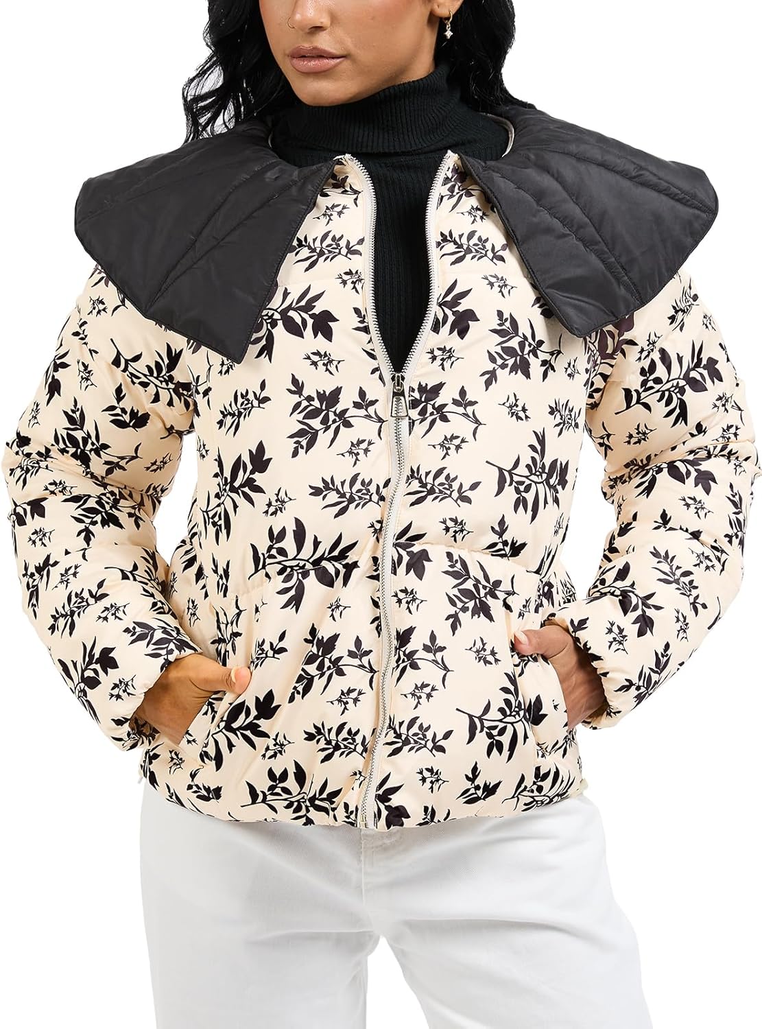 Womens Printed Quilted Puffer Jackets Peter Pan Collar Zip Padded Puffy Jacket Coat with Pockets Drawstring Hem - Image 2