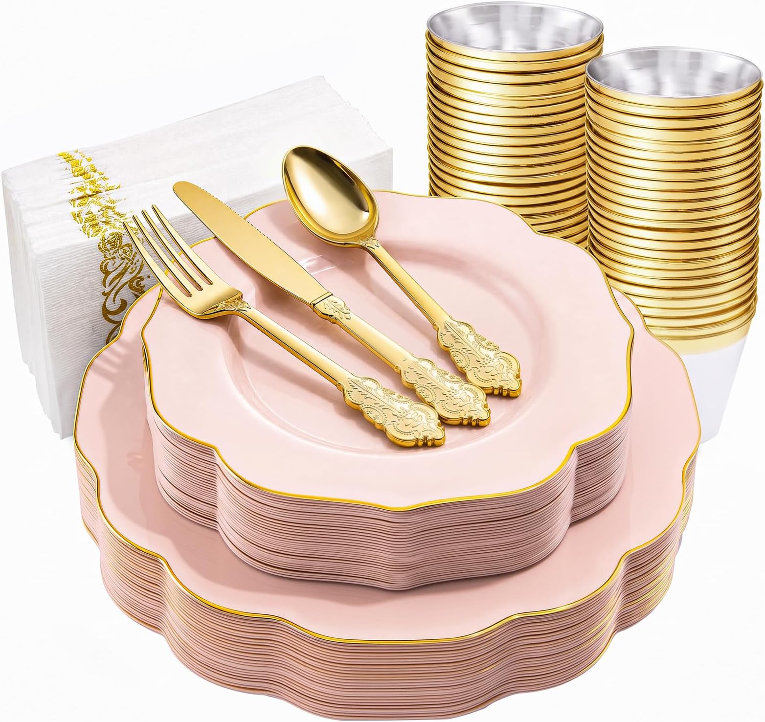 NOCCUR 175PCS Pink Plates with Gold Disposable Silverware - Include 50 Pink Plastic Plates,25 Knives,25 Forks,25 Spoons,25 Cups and 25 Napkins - Ideal for Party/Wedding/Banquet/Baby Shower