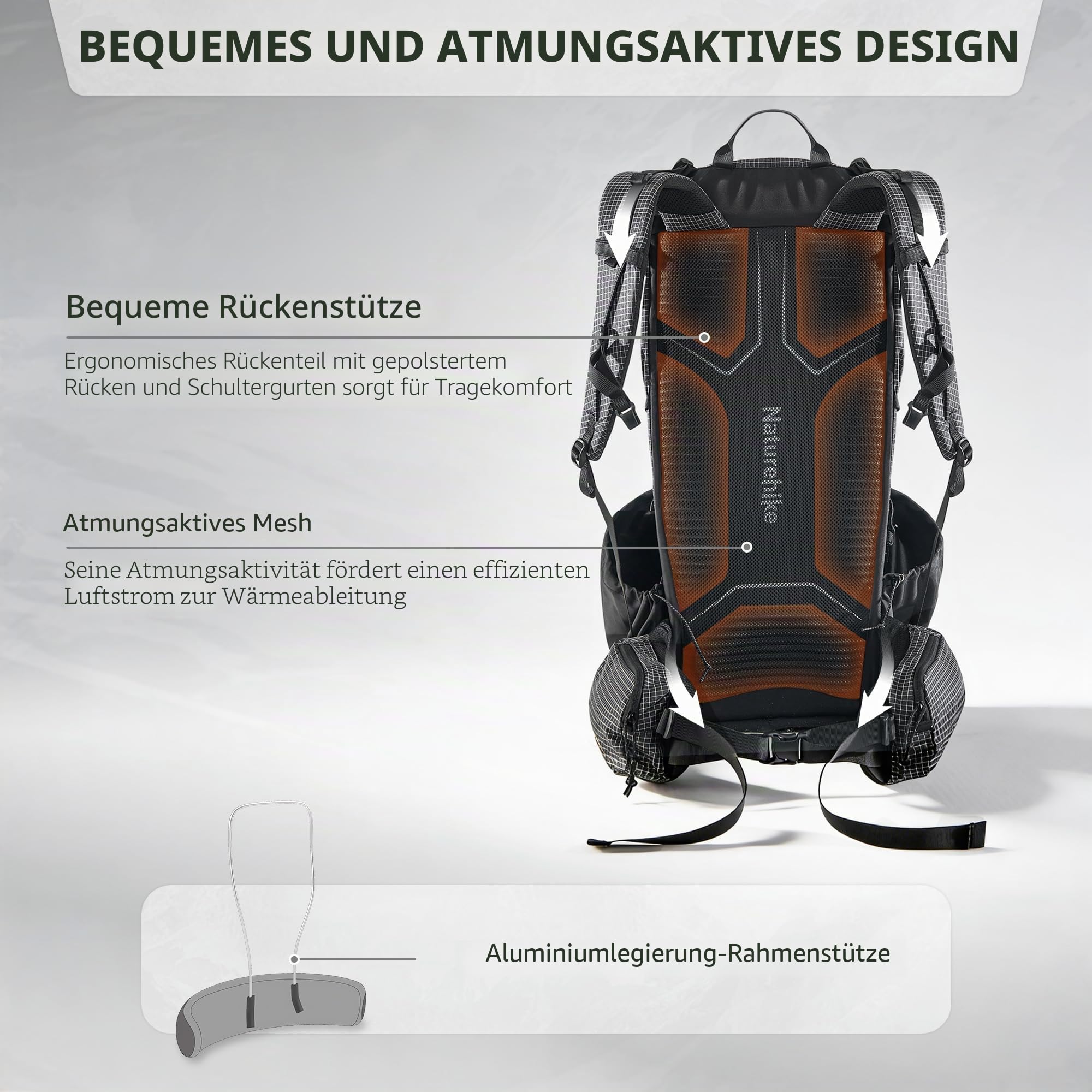 Naturehike Rock 2.0 Upgraded 45L Rucksack Interner Rahmen Wanderrucksack Damen mit Regenhülle Trekkingrucksacke für Outdoor Camping Reisen Backpacking(Schwarz 45l/M)