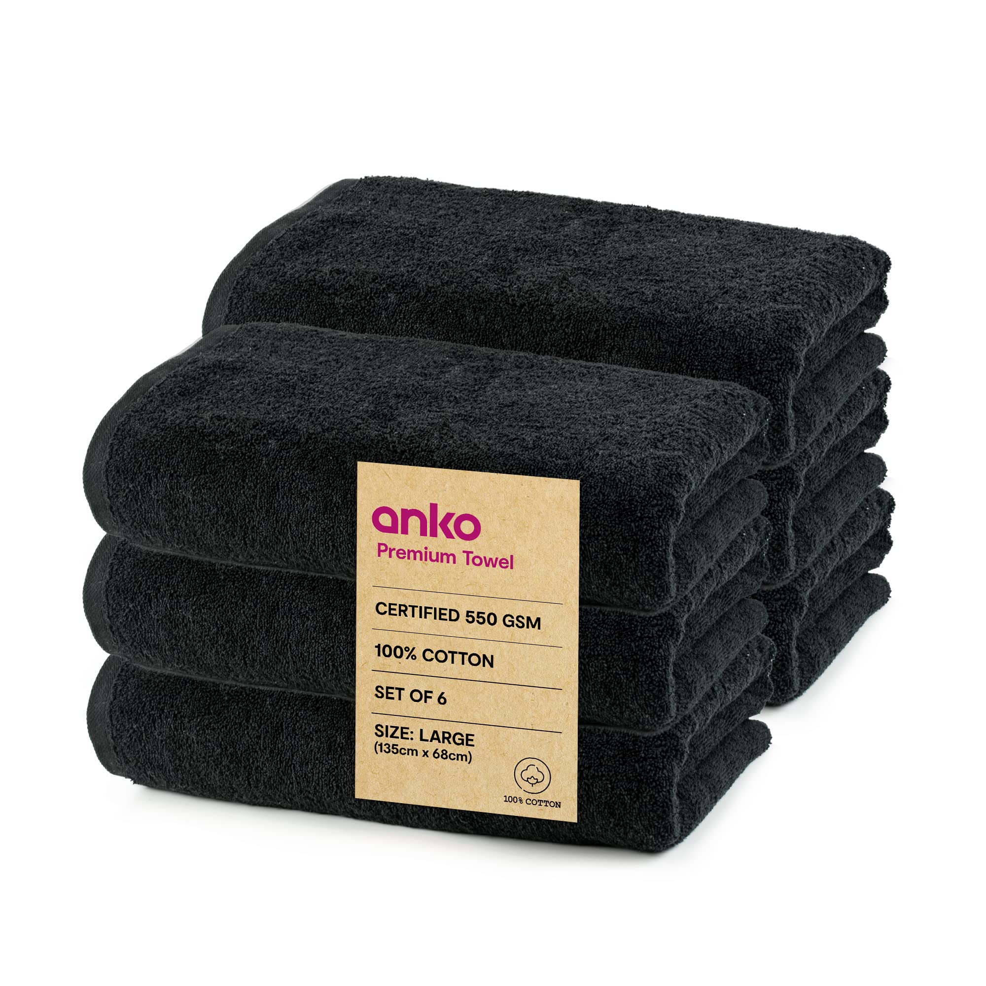 Anko Australia 100% Cotton 550 GSM XL Malmo Bath Towel | Set of 6 | Super-Soft, Absorbent, Quick-Drying | Black Towel for Men, Women & Kids | 150x75 cm |Travel, Gym, Spa Towel (B0C66C8NQX) Amazon Price History, Amazon Price Tracker