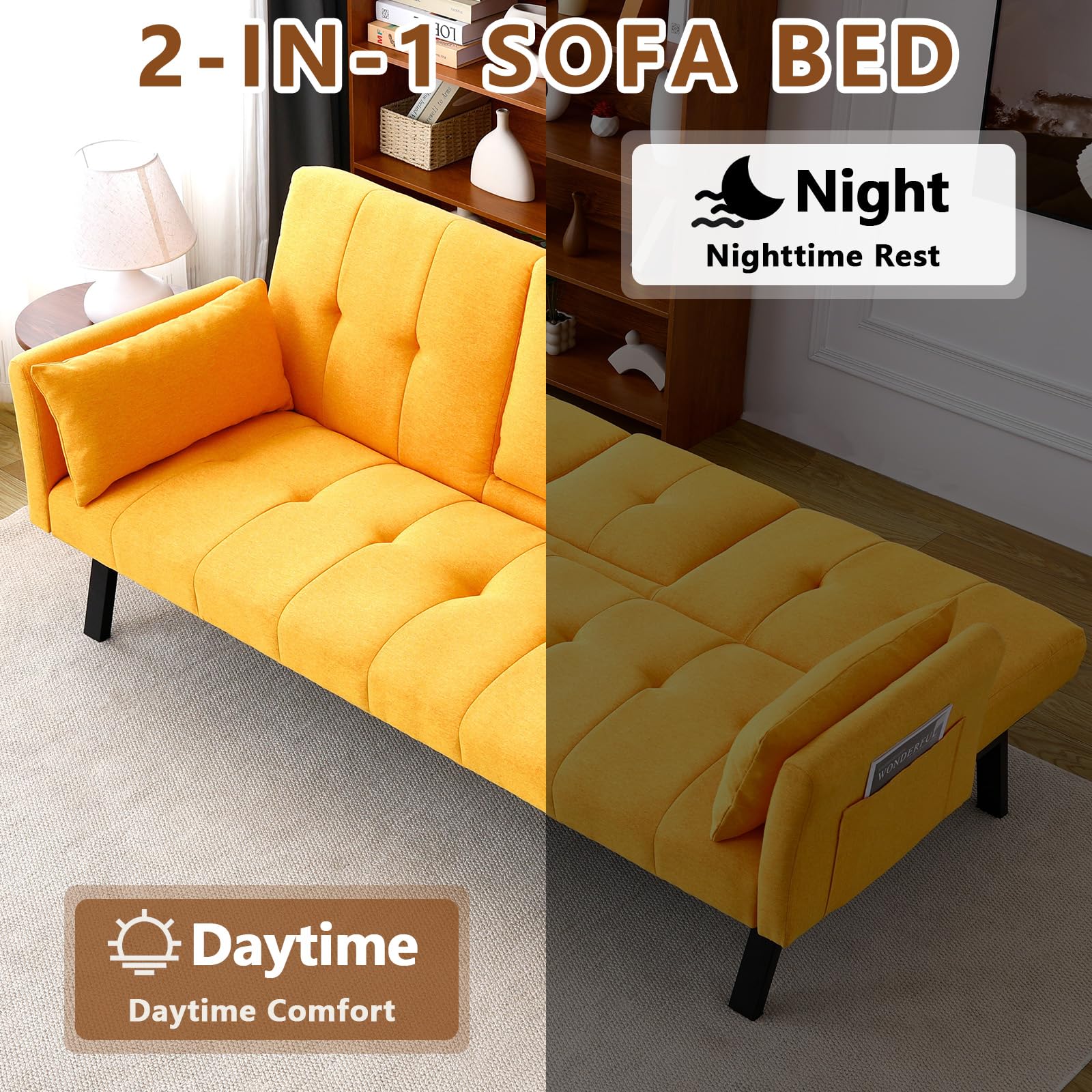 72" Cotton-Linen Futon Couch Living Room Couch Bed Convertible Sleeper Sofa Bed with Cup Holder for Bedroom Guest Bed 2 Seater Reclining Sofas Couches with Nailhead Trim for Small Space (Yellow)