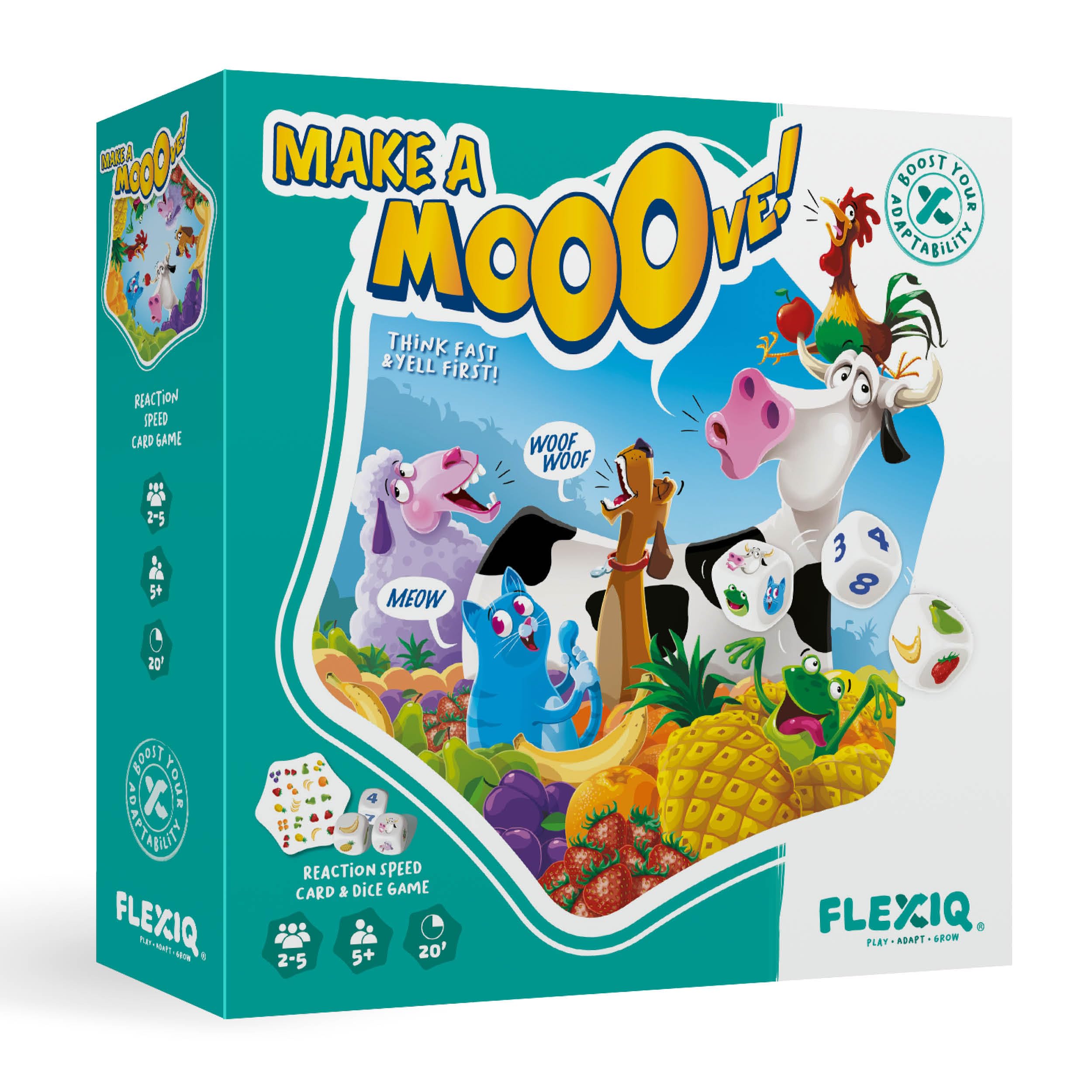 FlexiQ Make a Mooove Kinderspiel | Gesellschaftsspiele ab 5 Jahre für die ganze Familie | Mitbringspiel | Gemeinschaftsspiele für 2-5 Personen | Karten- und Würfelspiel | 20 Minuten Spieldauer