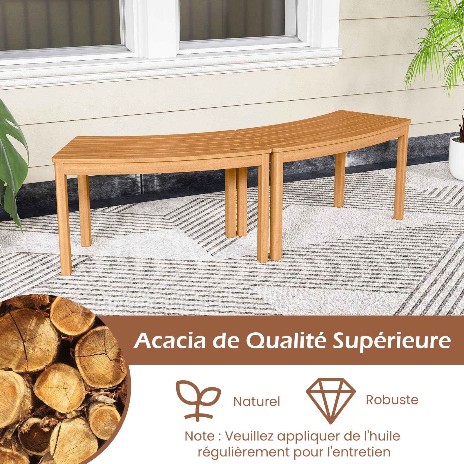 DREAMADE Lot de 2/4 Bancs Extérieurs Incurvés, Bancs de Foyer sans Dossier en Bois d’Acacia avec Assises à Lattes, pour Patio, Jardin, Terrasse, Charge 180 kg (Naturel,2)