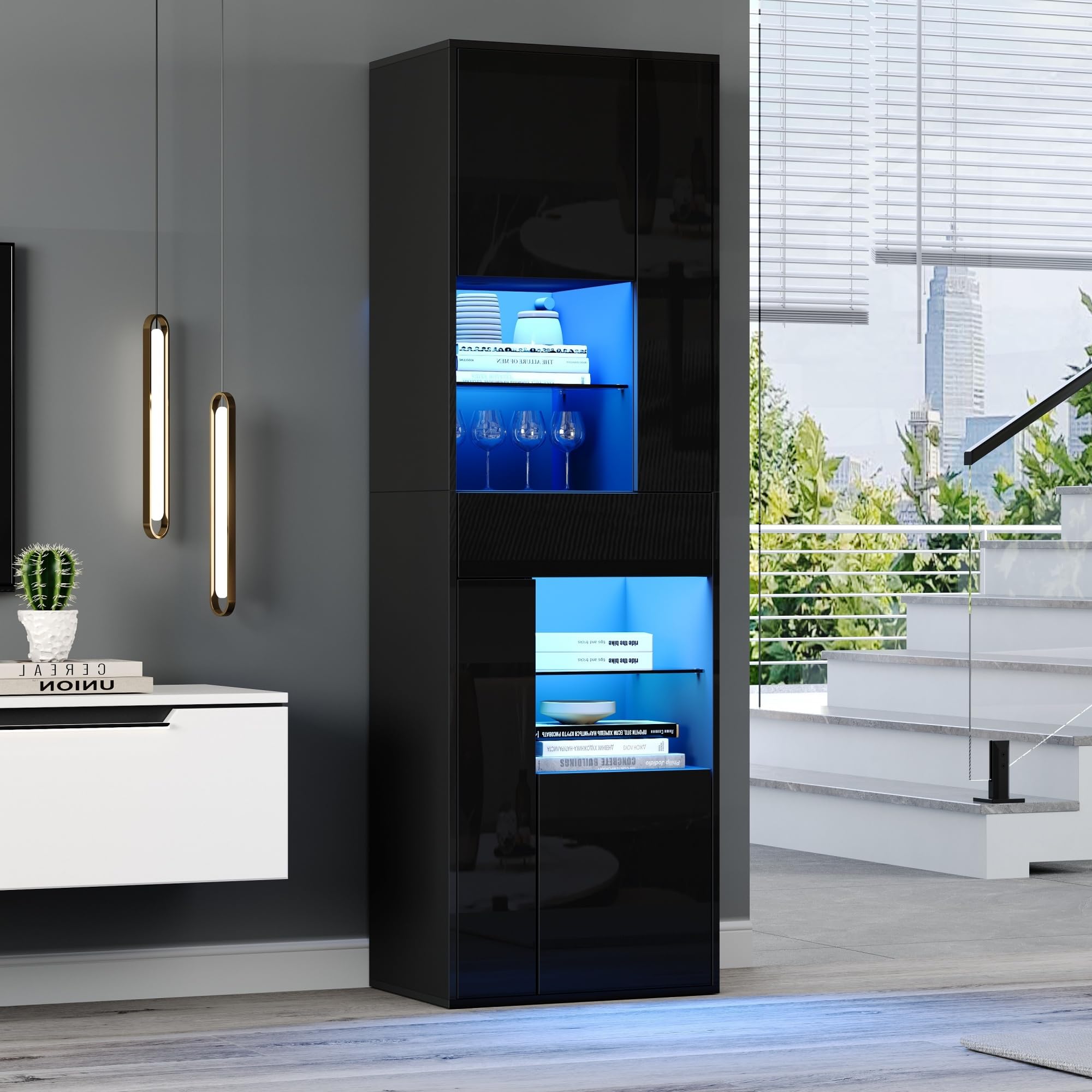 MURUL Verkaufsvitrine, 55x38x170cm Hochschrank mit 1 Schublade und 4 Schränken,Glasvitrine Vitrinenschränke mit led, Vitrinen Mit Hochglanz-Design,Wohnzimmerschränke, Vitrinen, Schaukästen,Schwarz