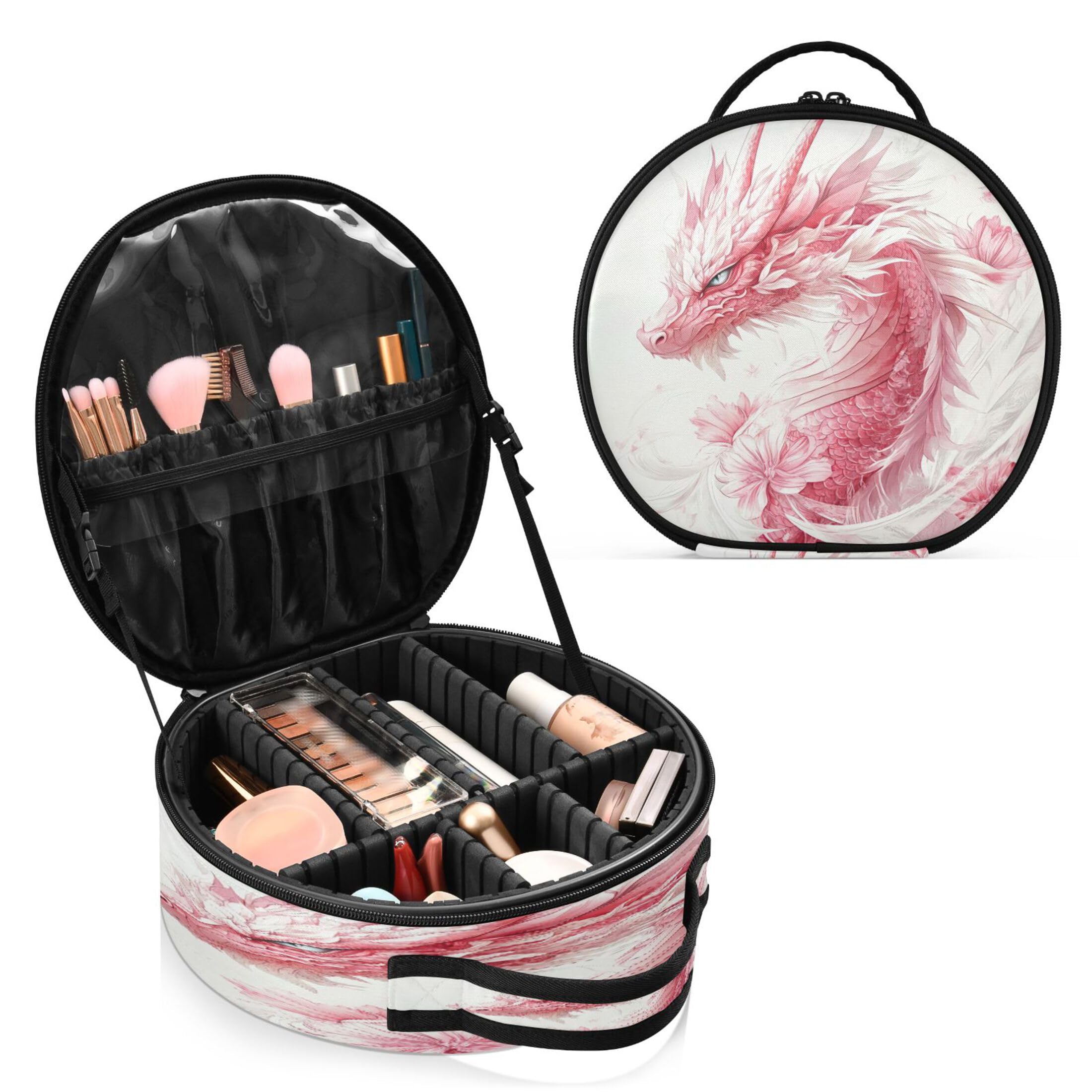 Takiito Pink Dragon Flowers Travel Makeup Case Portable Makeup Box Artist Cosmetic Case Organizer With Adjustable Dividers