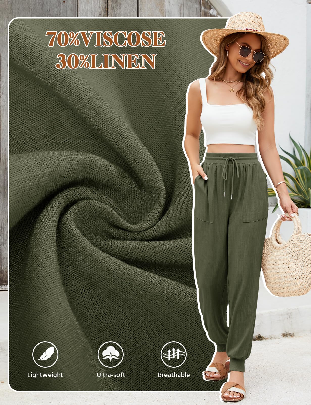 Yuson Pantalones Mujer Verano Lino Palazzo Cintura Alta Rectos Cómodos Bolsillos Cordón