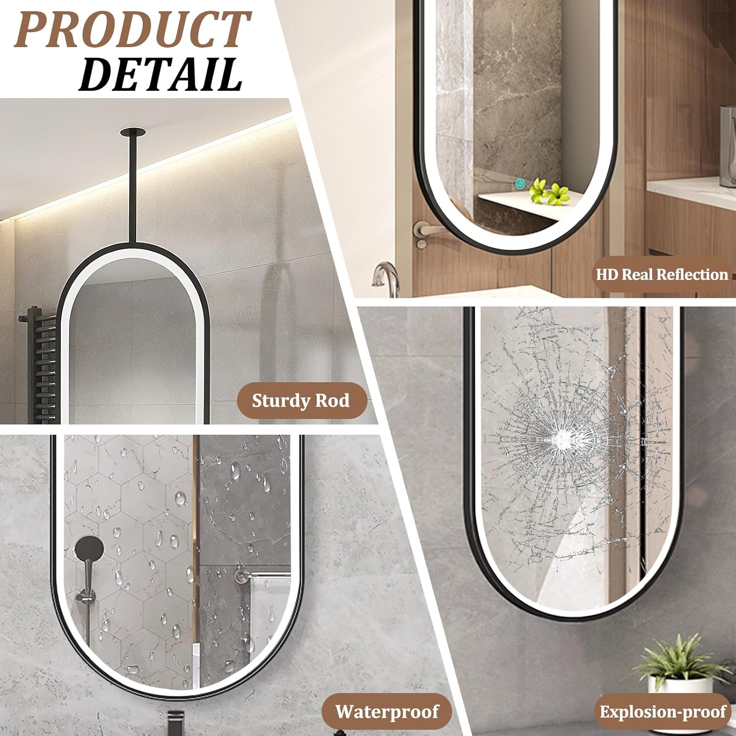 LEDライト付き北欧風天井吊り下げミラー、大型オーバルウォール