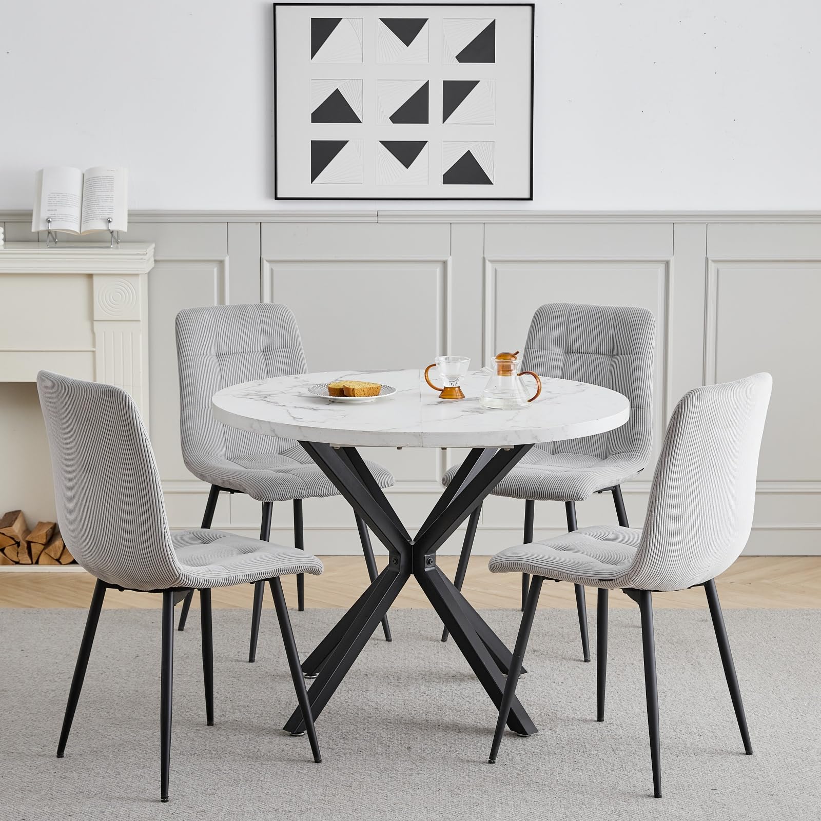 Esstisch- und Stuhlset, 4 Cord mit Hoher Rückenlehne und EIN 100 cm Langer Moderner Runder Esstisch, Geeignet für Küchen, Esszimmer und Wohnzimmer-Schwarze Tischbeine + Hellgrau