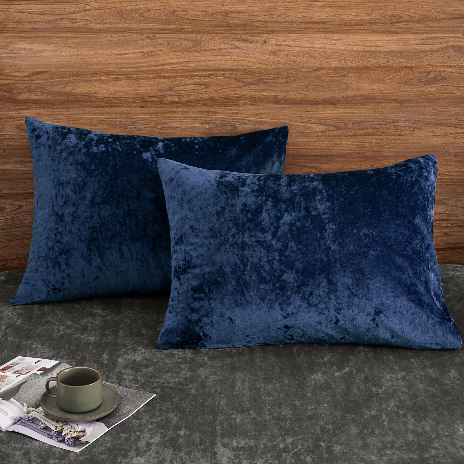 phf truly velvet pillowcases standard size, no insert, 2 pack ultra soft breathable pillow shams covers with envelope closure, 20" x 26" luxury cozy warm fuzzy flannel, navy blue