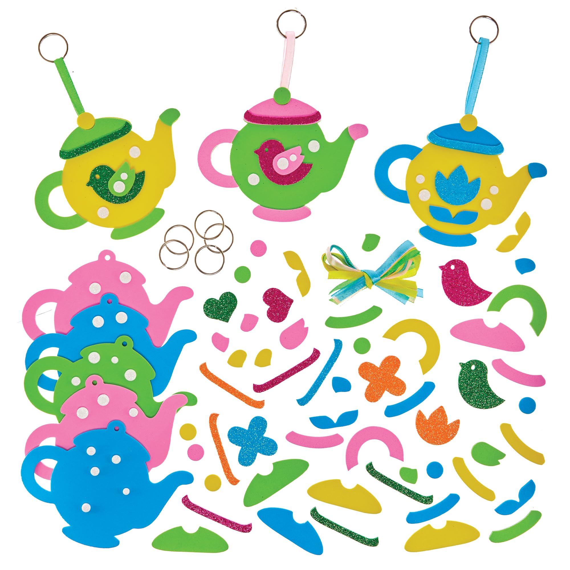 Baker Ross FX951 Teapot Mix and Match Keyring and Bag Dangler Kits - Pack of 8, Keyring Craft Kits for Kids