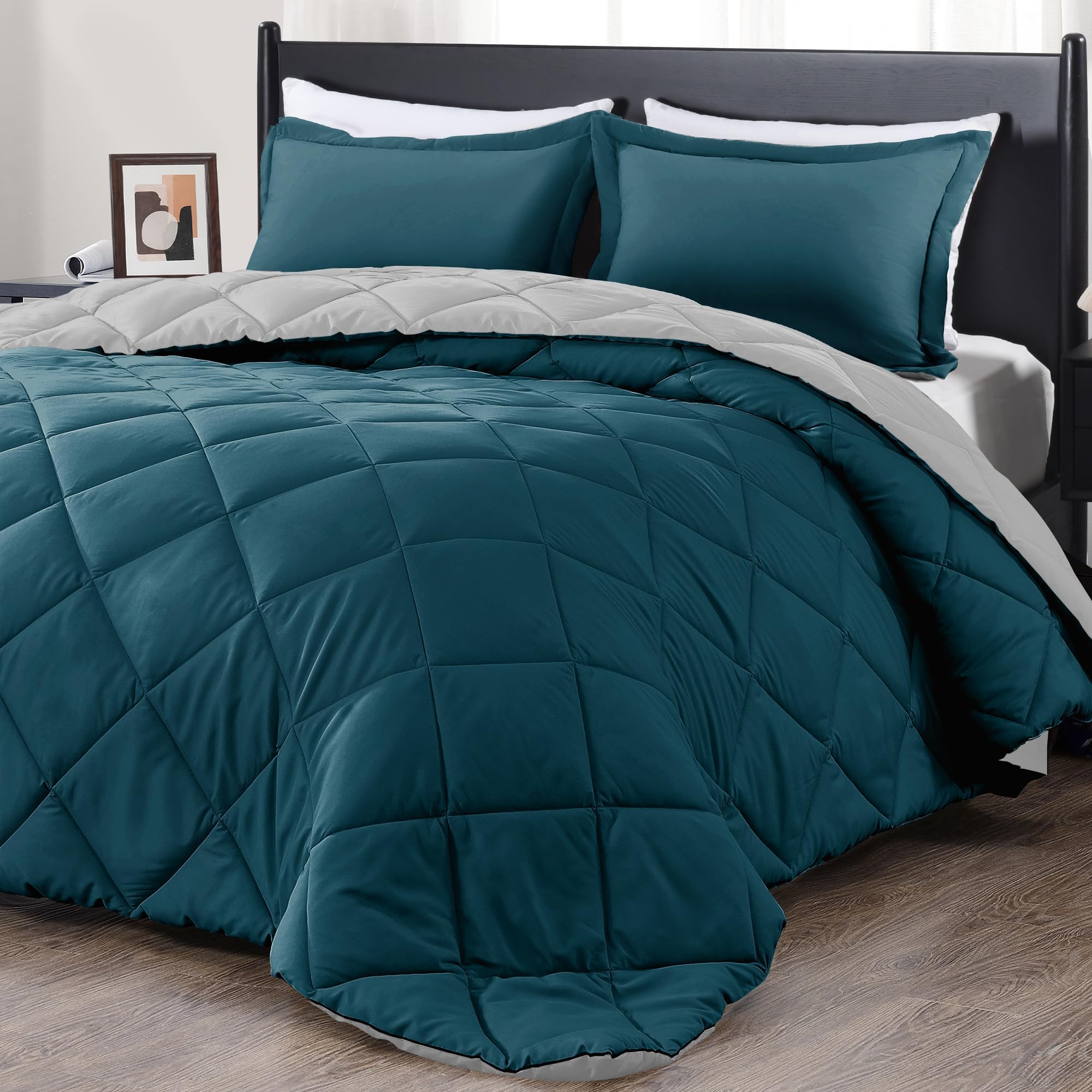 downluxe King Size Comforter Set - Green and Grey King Comforter, Soft Bedding Comforter Sets for All Seasons, King Comforter Set - 3 Pieces - 1 Comforter (104"x92") and 2 Pillow Shams(20"x36")