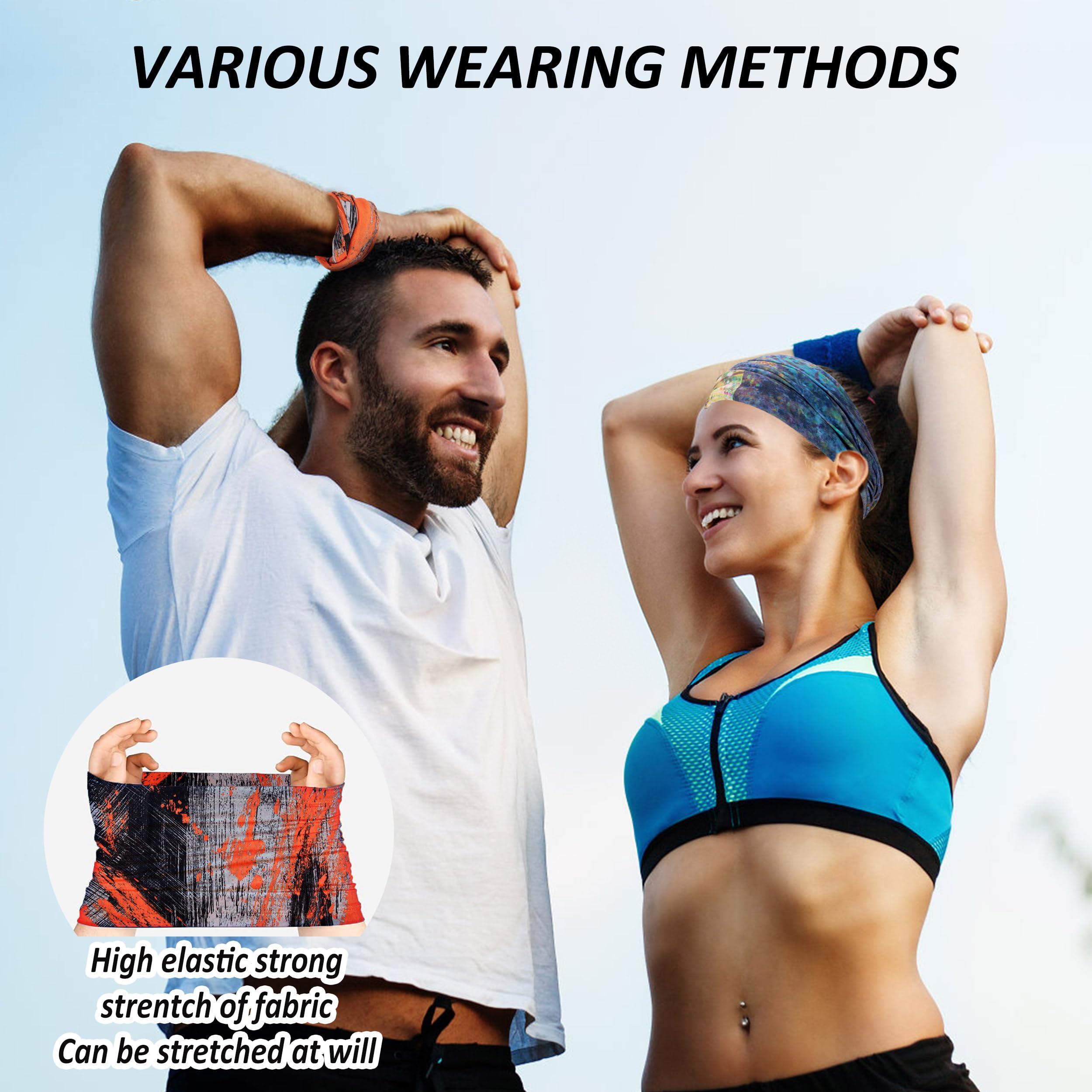 Multifonction Bandana, 12pcs Elastique Tube Bandeaux Couvre-Chef, Echarpe Sport Cheveux Gaiter Balaclava Masque Vent poussière Preuve UV Résidence pour Yoga Cyclisme Randonnée