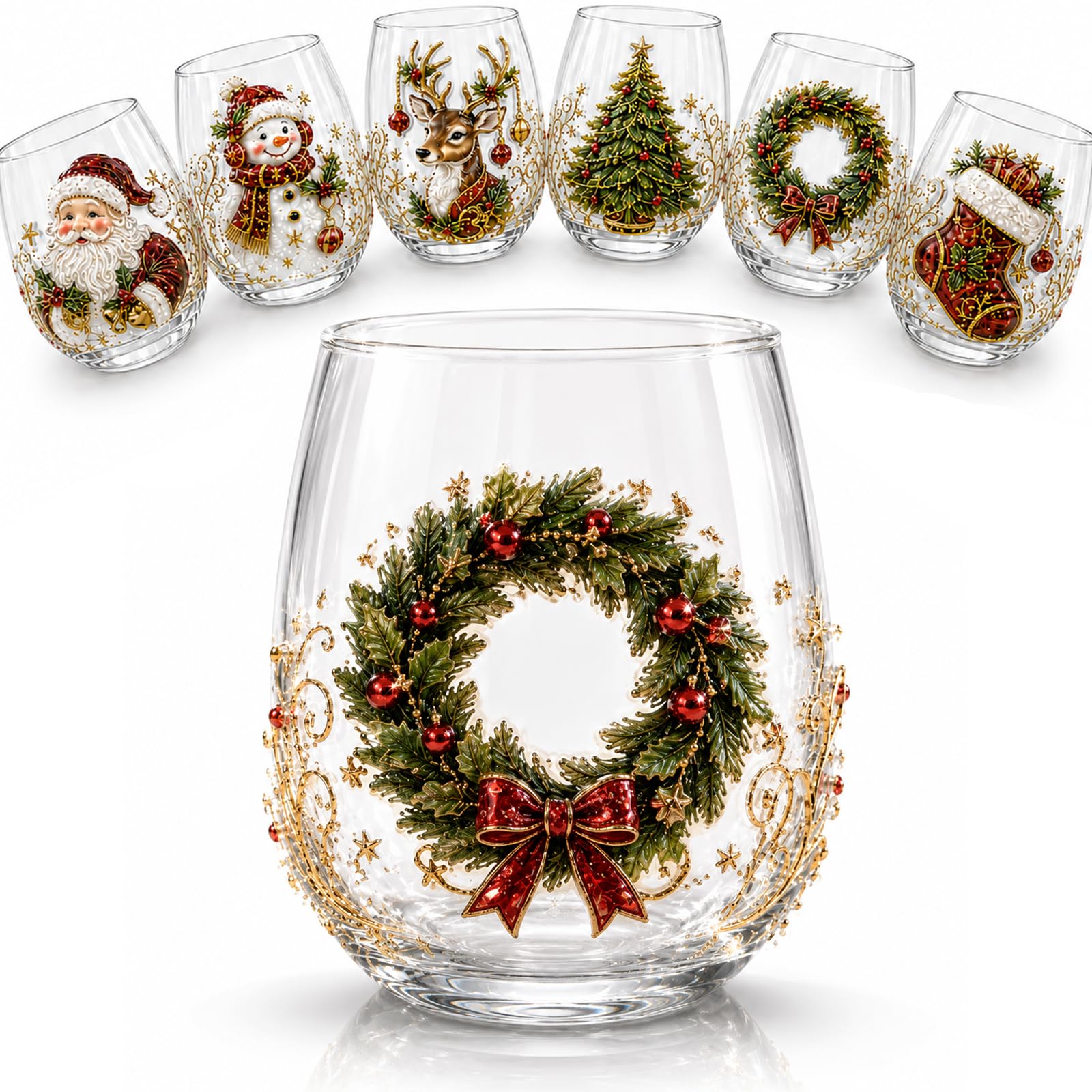 3D Christmas Glass Art Cup 3D Xmas Drinking Glass Cup Collection (Wreath)