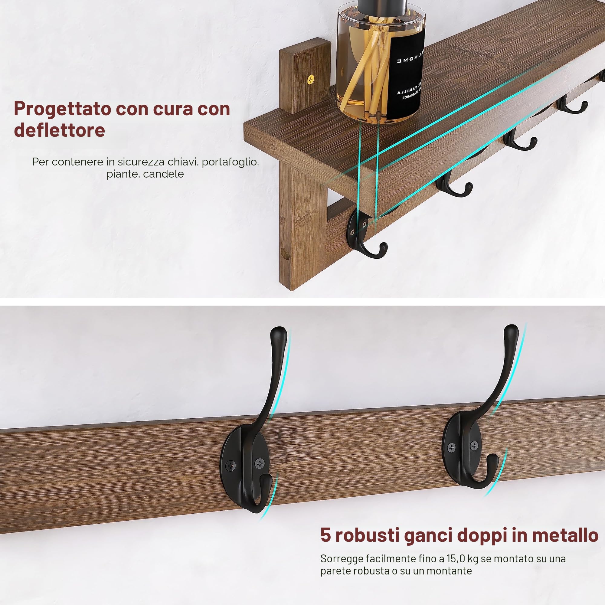 SMIBUY Appendiabiti con mensola a parete, appendiabiti da 74 cm per parete, mensola sospesa in bambù con 5 doppi ganci metallici per bagno, camera da letto, cucina, soggiorno, mudroom (Noce)