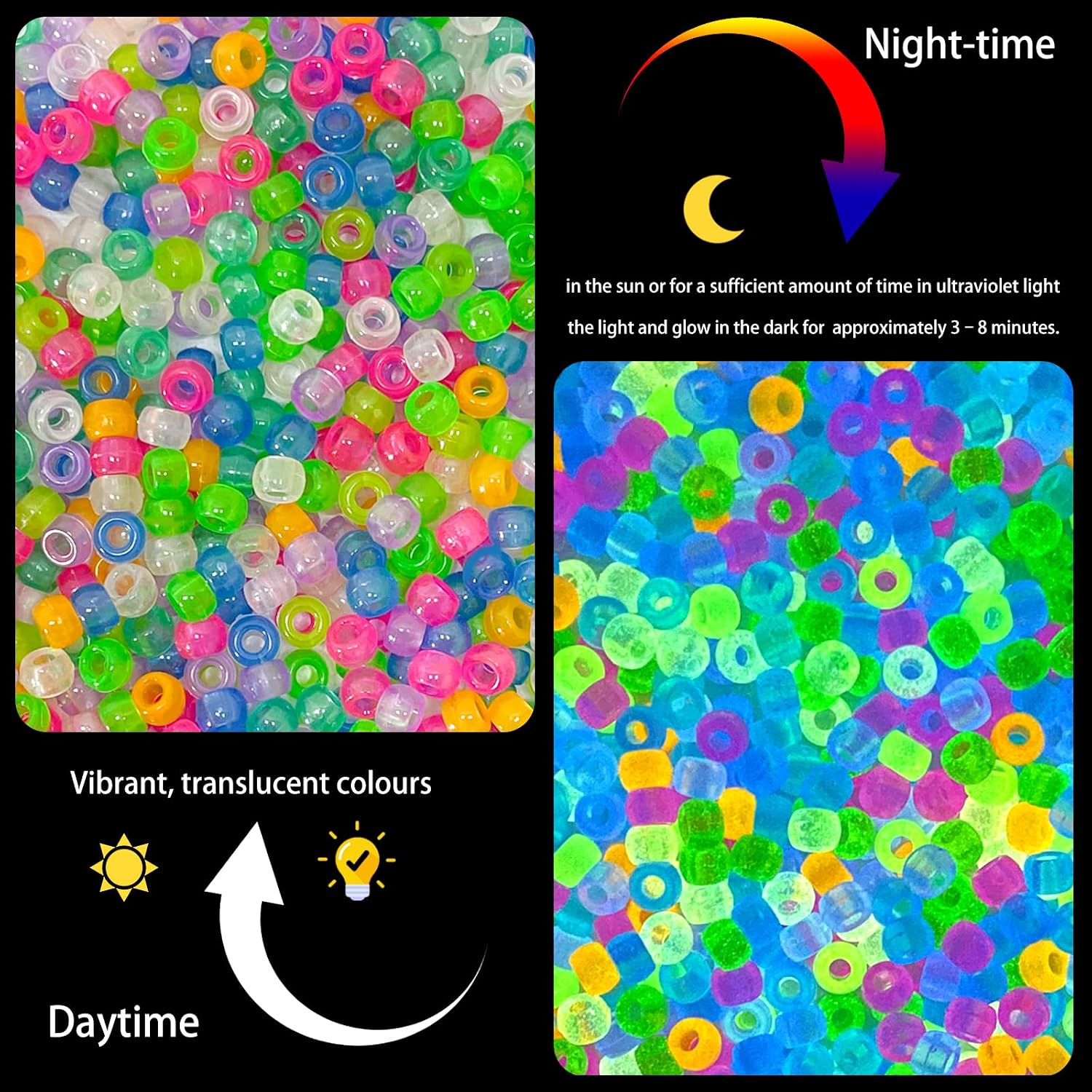 Pony Beads Glow in The Dark 860PCS Neon Beads, Friendship Bracelet Beads 9mm Luminous Bulk Beads for Hair Braiding, Colored UV Beads for Crafts Kandi Beads Kit