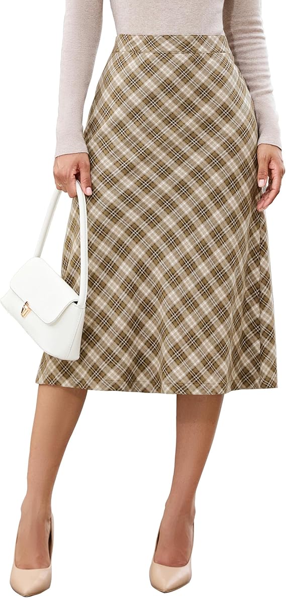 luvamia Plaid Skirts for Women Midi Length High Waisted Trendy A Line Elastic Waist Casual Office Work Fall Skirt