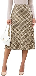 Plaid Skirts for Women Midi Length High Waisted Trendy A Line Elastic Waist Casual Office Work Fall Skirt