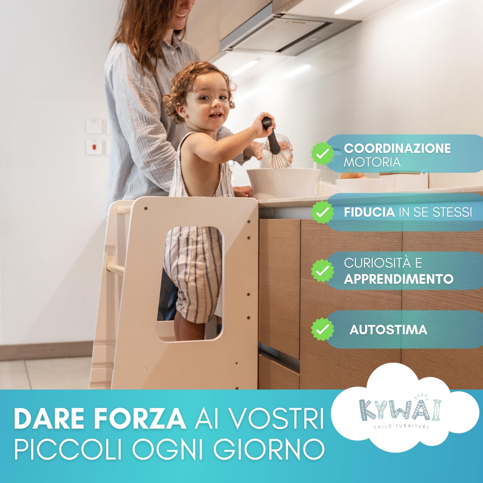 Torre Montessoriana Bambini Premium Legno Regolabile Altezza Doppia Barra Sicurezza Bianco