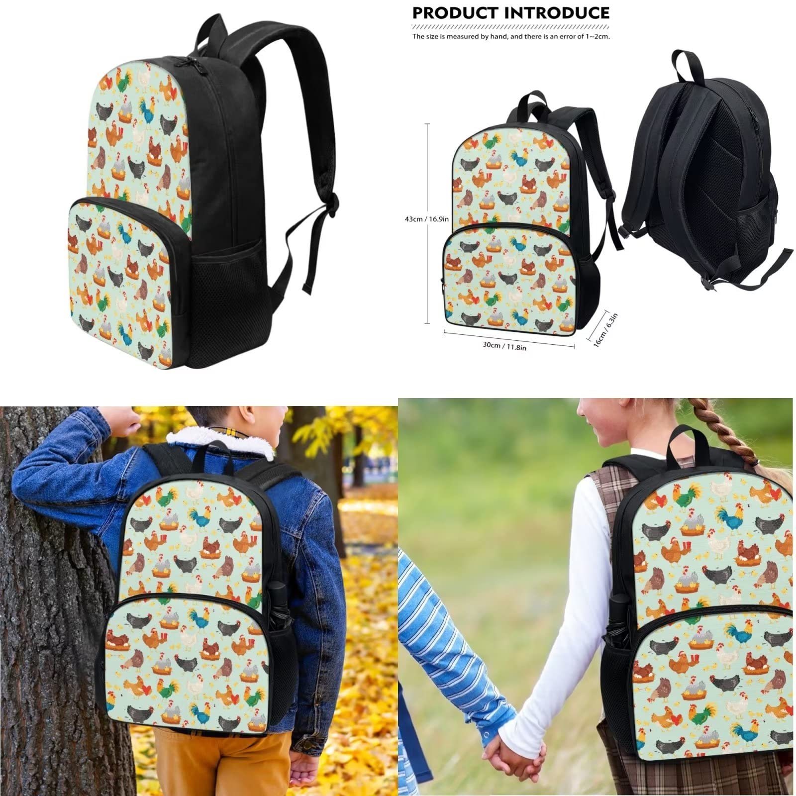 POLERO Mochila escolar de caballos para niños, juego de bolsas de almuerzo, estuche para lápices, 3 piezas, bolsas escolares, gallina, Talla única, Mochila infantil