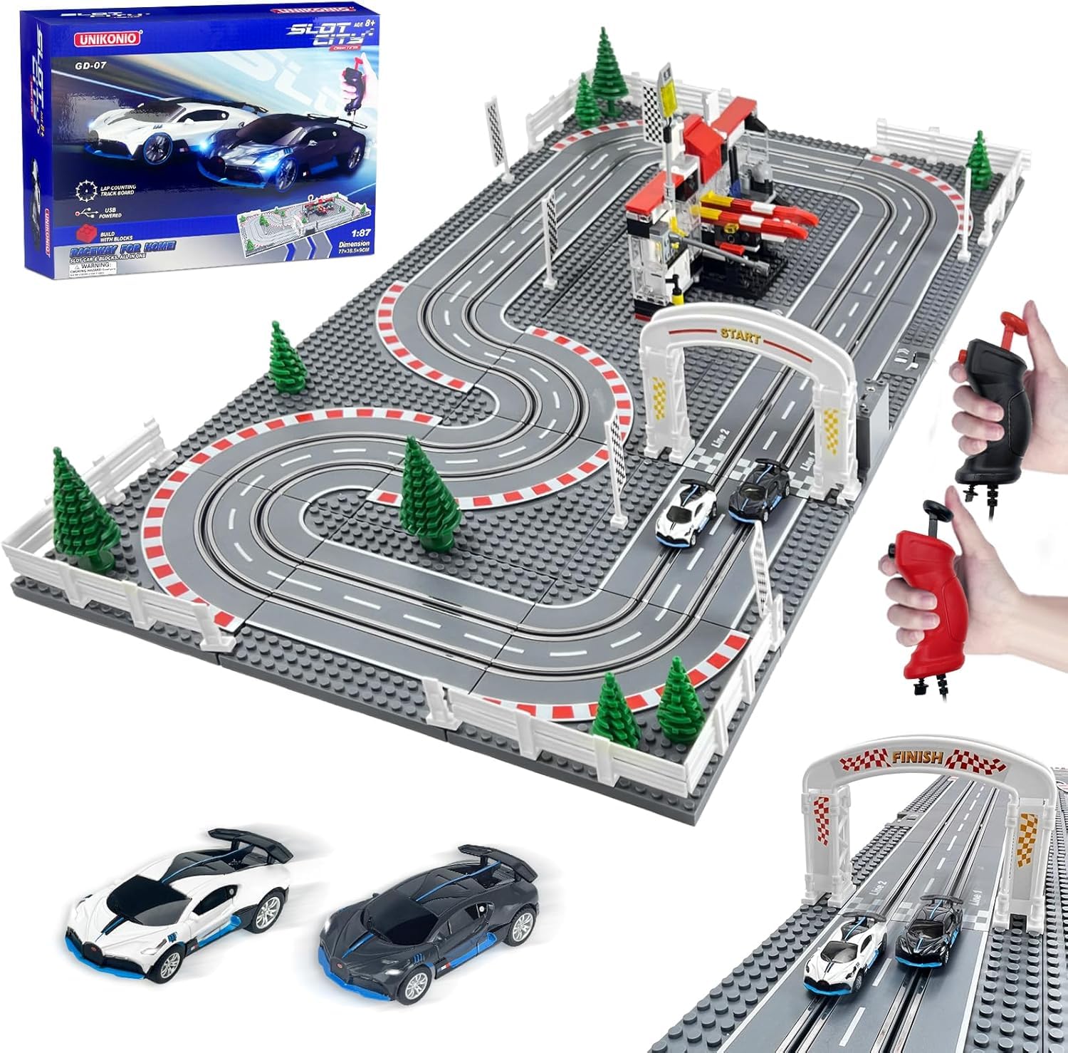 UNIKONIO Slot Cars Race Track Sets, 1:87 Block Building Slot Toy Race Set, 2 Controllers 2 Cars, Adjustable Speed, Dual Racing, Christmas Halloween Toys Gifts - 07