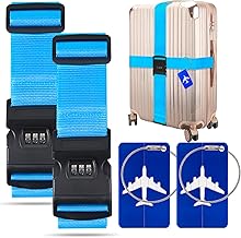 BILIONE 2 Pack Luggage Straps for Suitcases with Password Lock & Metal Airplane Tags, Adjustable Suitcase Belt & Travel Belt, Luggage Connector Straps to Connect Two Bags 20-34 Inch (Blue)