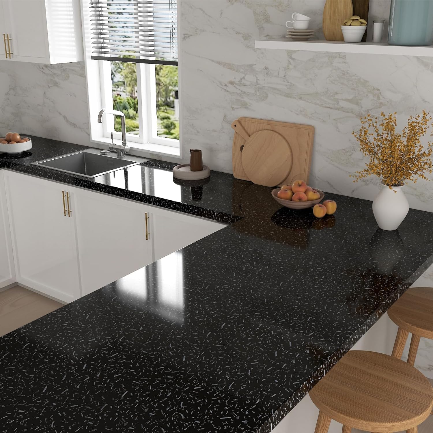 Decotalk 30"x120" Black Granite Contact Paper for Countertops Waterproof - Black Granite Countertop Contact Paper Peel and Stick Marble Countertops Vinyl Wrap Dark Granites Countertop Cover Wrap